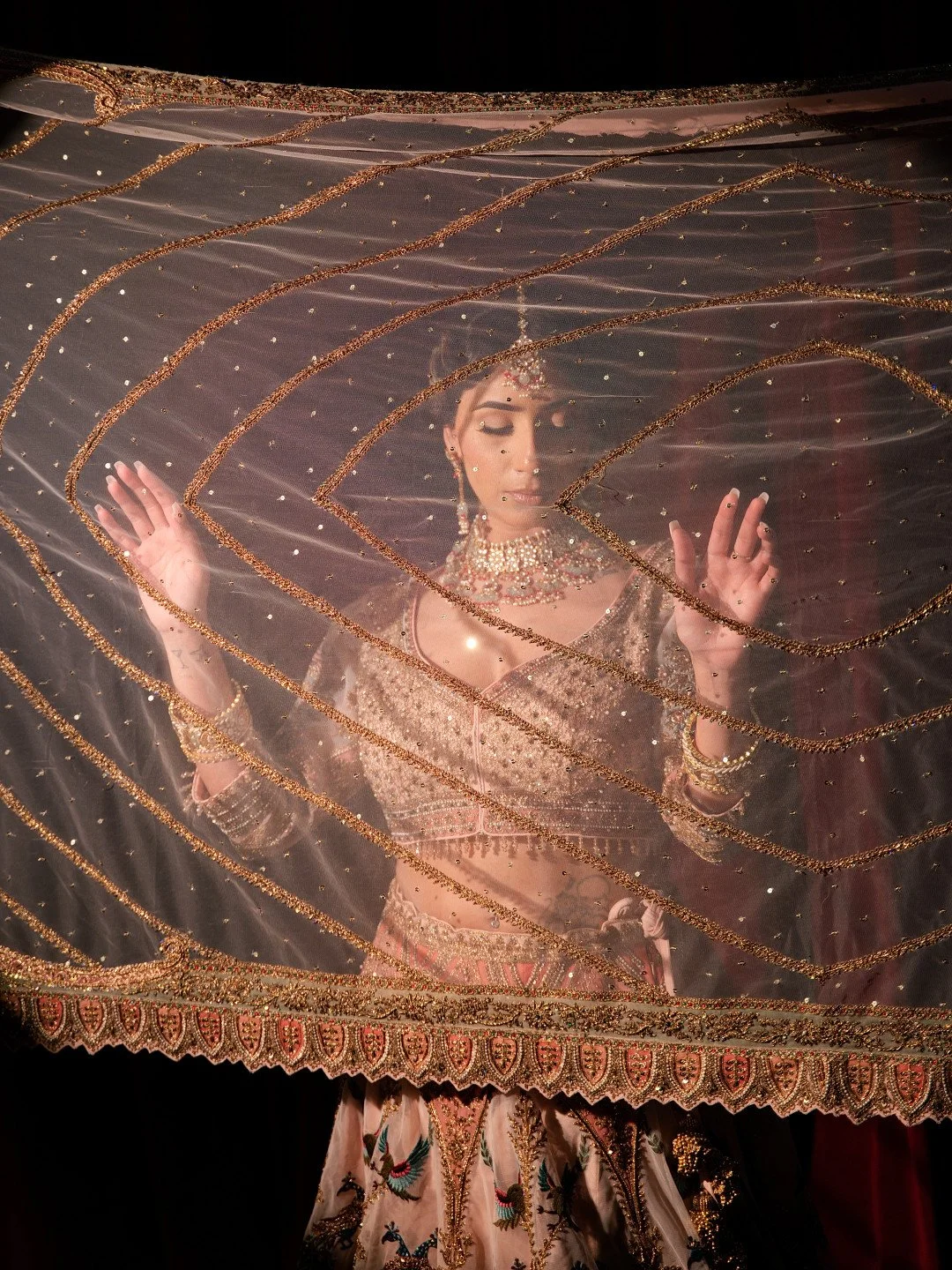 A woman dressed in traditional Indian attire standing behind a sheer, embroidered curtain with gold and red details. She is wearing jewelry, including earrings, a necklace, and a headpiece, with her eyes closed and hands raised.