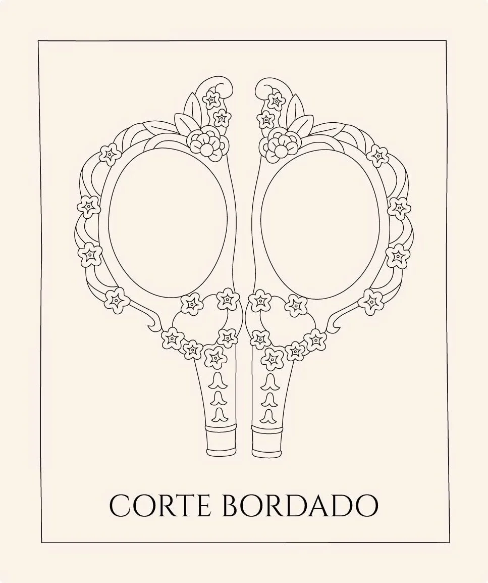 Ilustración del Ritual Corte Bordado de Eva Ometz Madrid, técnica avanzada que elimina puntas dañadas sin sacrificar largo, devolviendo al cabello un acabado pulido y saludable. Disponible en Eva Ometz, Spa Capilar de lujo en el corazón de Madrid.
