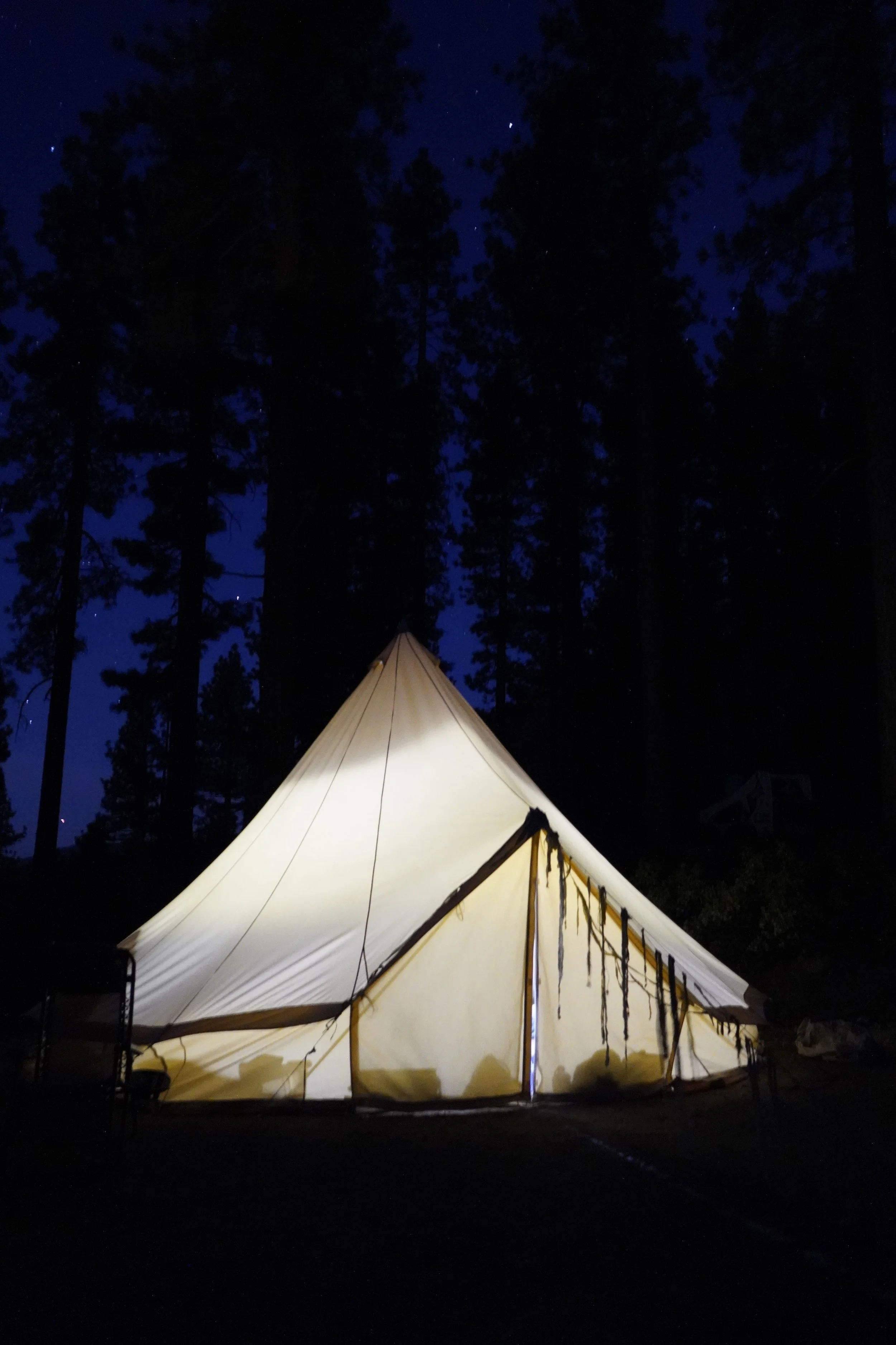 A large illuminated canvas tent set up outdoors at night in a forest, with tall trees and a dark blue starry sky overhead.