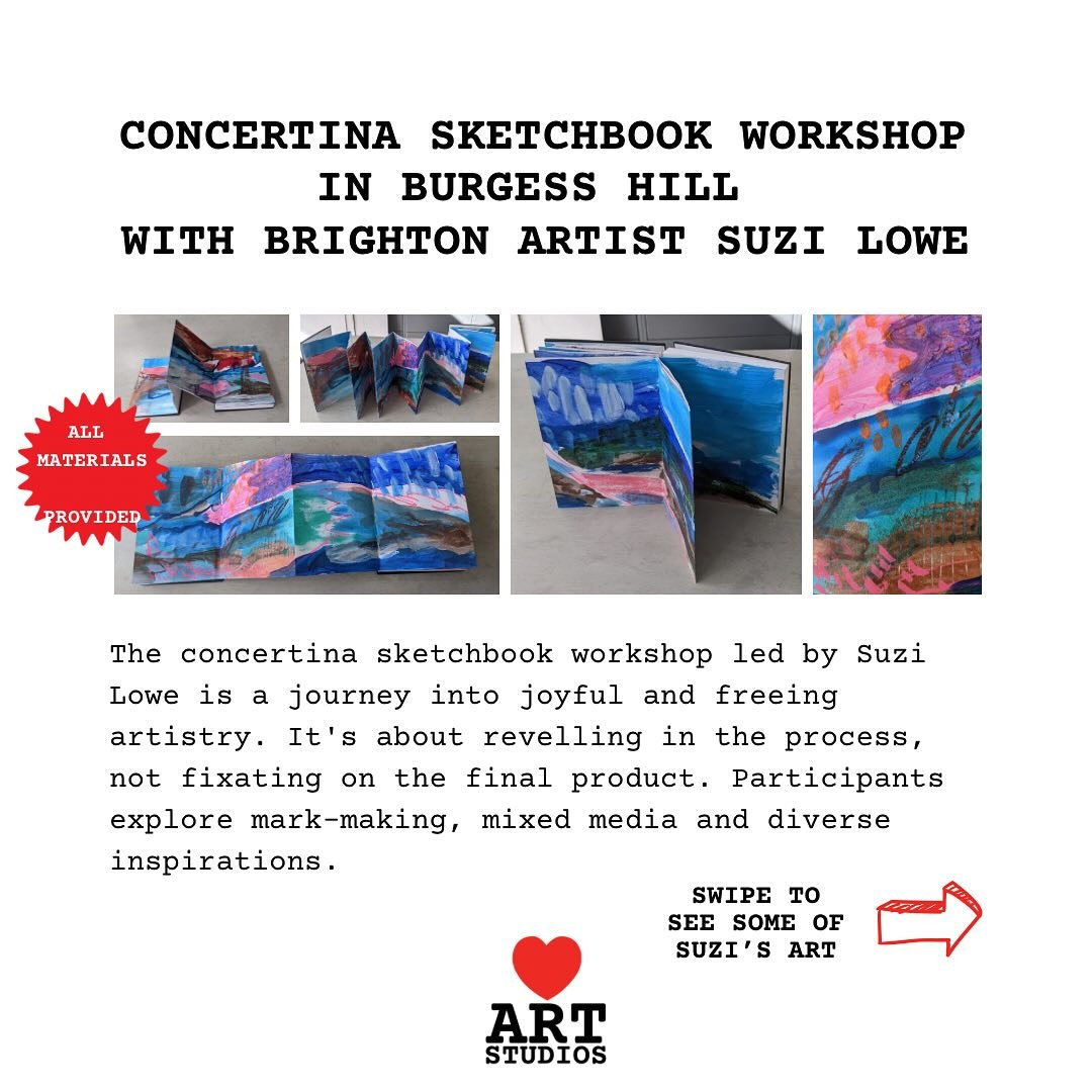 Join us for our Concertina Sketchbooks workshops spread over 3 x 2hr sessions @themercantileadventurer in Burgess Hill. 

Dive into boundless creativity with inspirational artist @suzibythesee ❤️

Unleash your imagination and explore ways of letting 