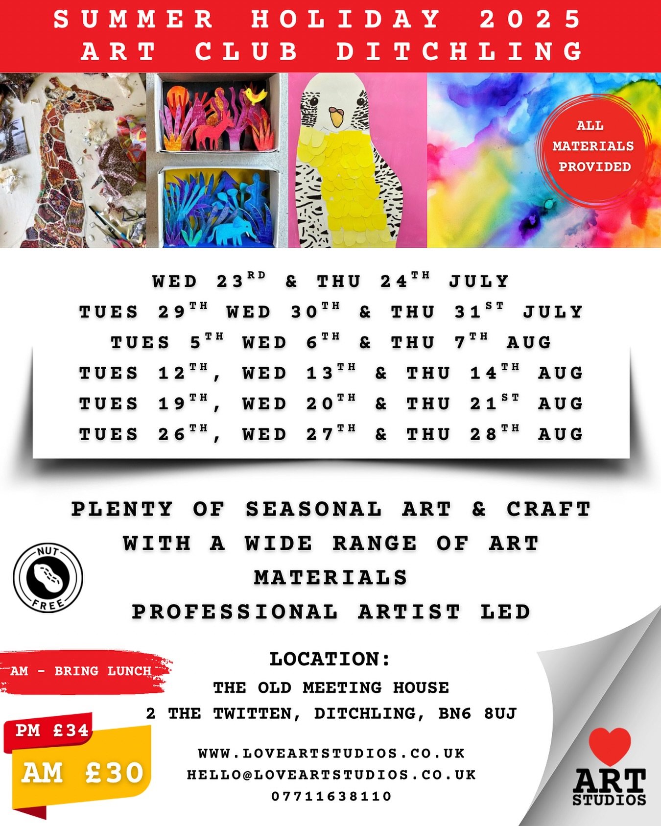 Our Summer holiday art club is open for bookings ❤️

STARTING WED 23RD JULY THROUGH TO THU 28TH AUG 2025

Join us at the Old Meeting House, Ditchling every Tues / Weds / Thurs, throughout the summer holiday, for a fun-packed creative adventure for ch