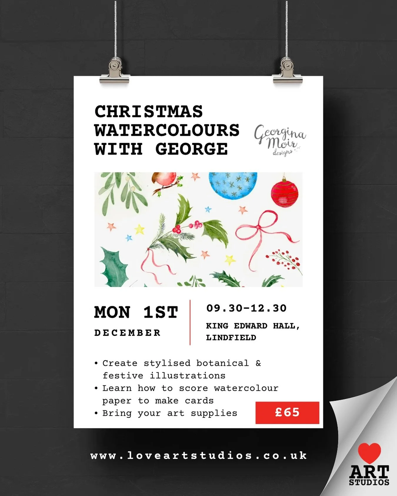 This comprehensive 3 hour workshop is the perfect way for beginners and more experienced artists to learn some watercolour techniques to paint Christmas greenery, decorations and robins to use on Christmas cards, tags and table places or simply to en