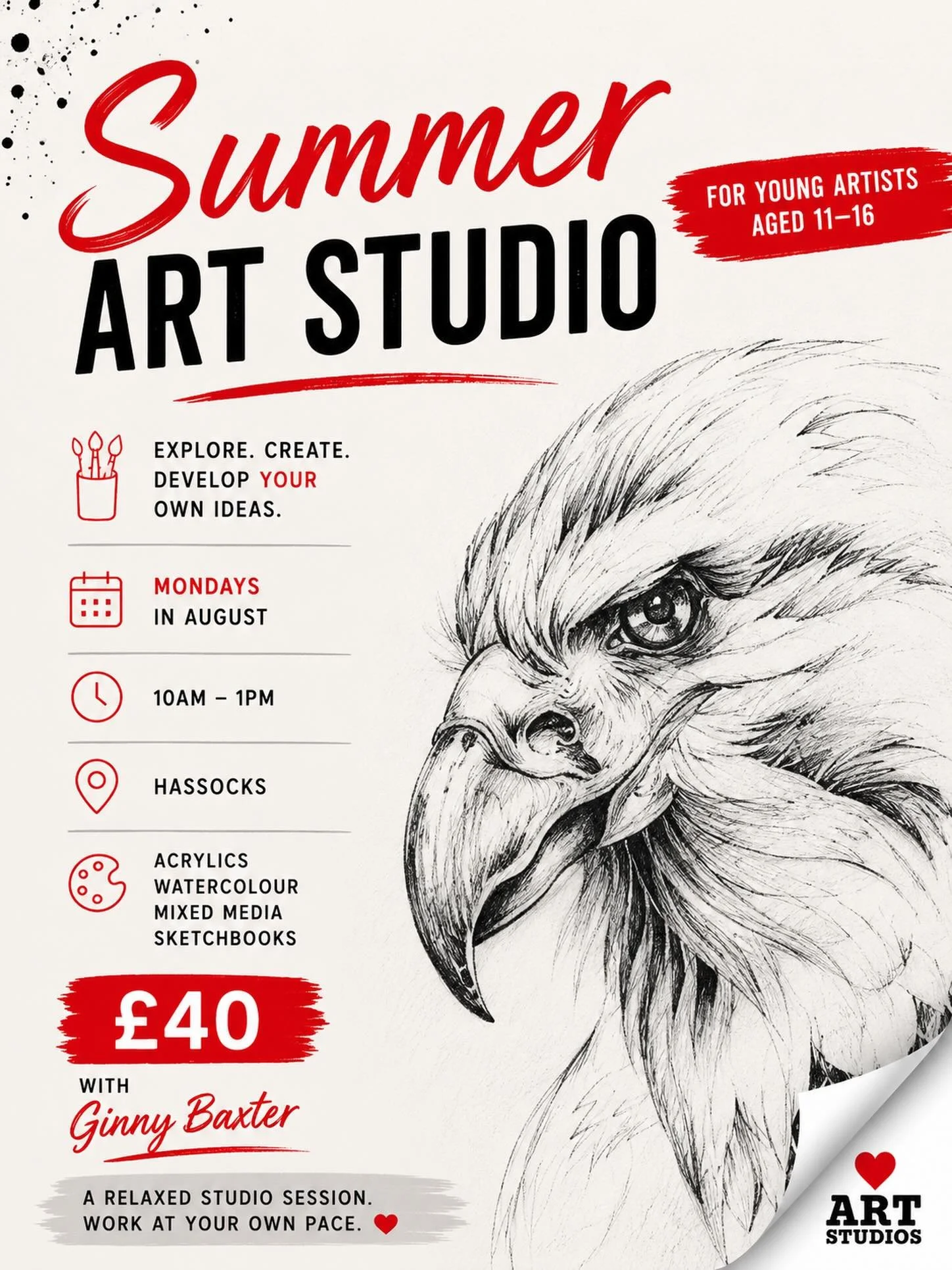 For young artists who want to go beyond colouring sheets and copy along tutorials. 🎨

If you&rsquo;re aged 11&ndash;16 and love creating, our Summer Art Studio is a relaxed space to develop your own ideas with professional artist @ginnybaxter123 

E