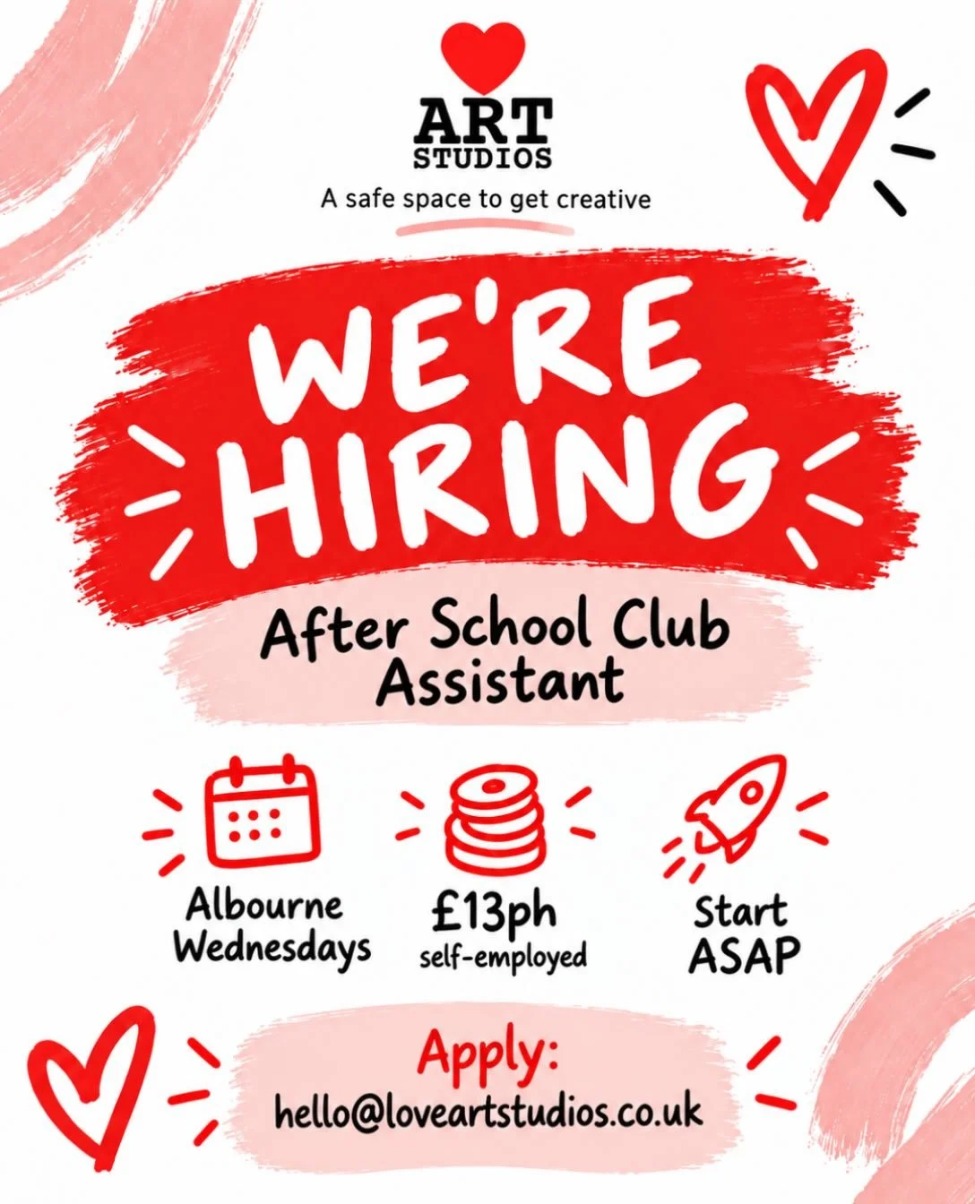 🎨 WE&rsquo;RE HIRING &ndash; AFTER SCHOOL CLUB ASSISTANT

We&rsquo;re looking for a creative, warm and reliable person to join our Love Art Studios team at Albourne Primary School on Wednesdays.

The role is &pound;13 per hour, self employed. You&rs