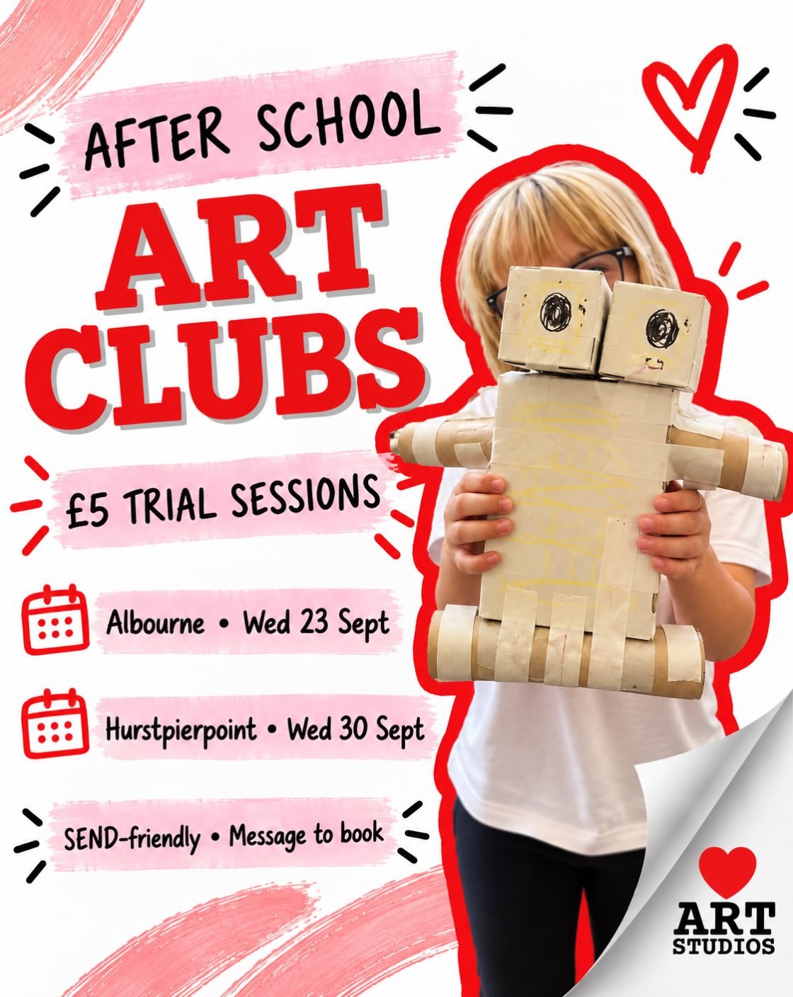 After School Art Clubs 🎨

We currently have spaces across our Love Art Studios after school clubs, with &pound;5 trial sessions available at:

✨ Albourne - Wednesday 23rd September
✨ Hurstpierpoint - Wednesday 30th September

We also have spaces at: