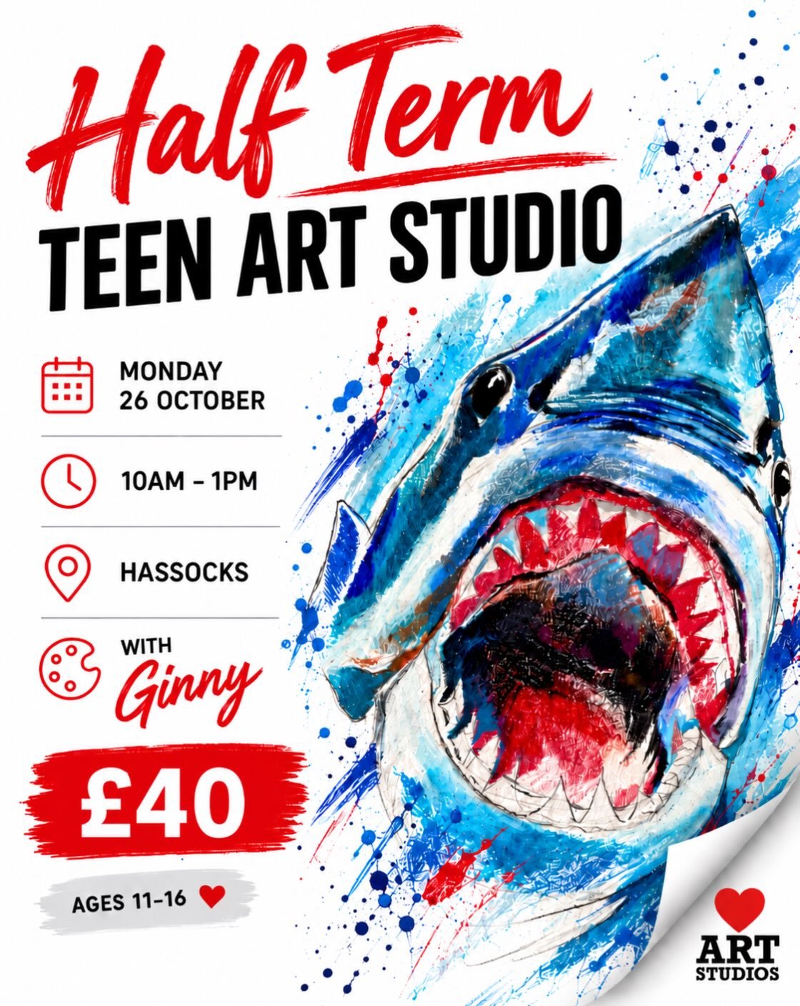 HALF TERM TEEN ART STUDIO 🎨🦈

A relaxed 3hr creative session for teens aged 11&ndash;16 with Ginny in Hassocks this October half term.

Come and spend the morning drawing, painting, experimenting and making something brilliant in our friendly, low 