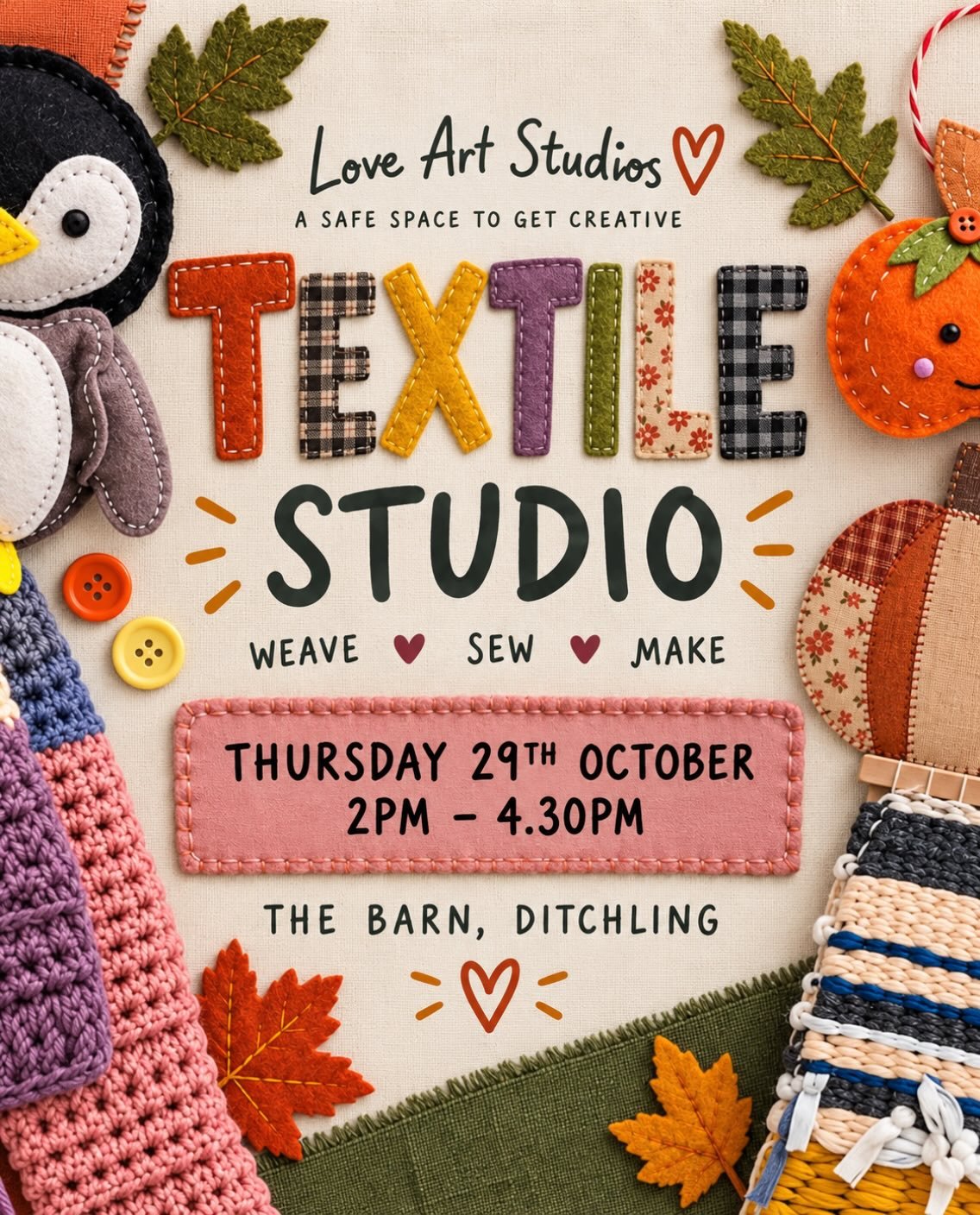 🧵 Textile Studio is back this October half term!

Join us for a cosy afternoon of weaving, sewing and making at Ditchling Barn.

A lovely opportunity for young creatives to explore different textile techniques, experiment with fabrics, yarns and tex
