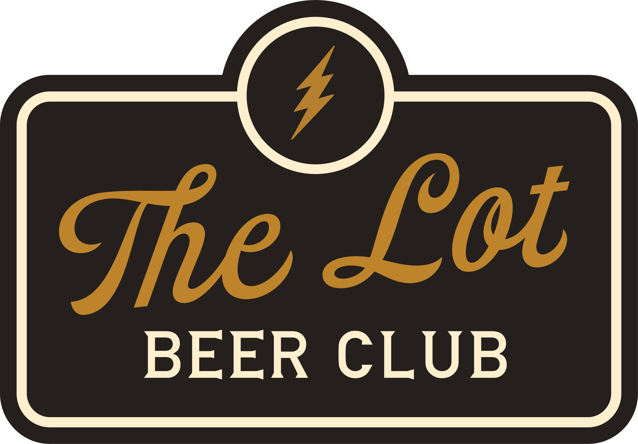 A sign with a black background, beige border, gold and white text that reads 'The Lot Beer Club,' with a lightning bolt symbol at the top.