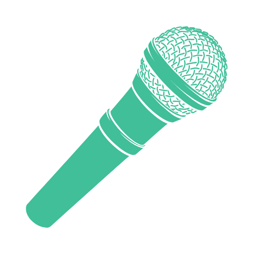 A teal-colored microphone with a mesh head and a striped handle.