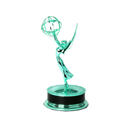A shiny award trophy depicting a figure holding a globe atop one leg, with the other leg extended for a high kick, mounted on a round base.