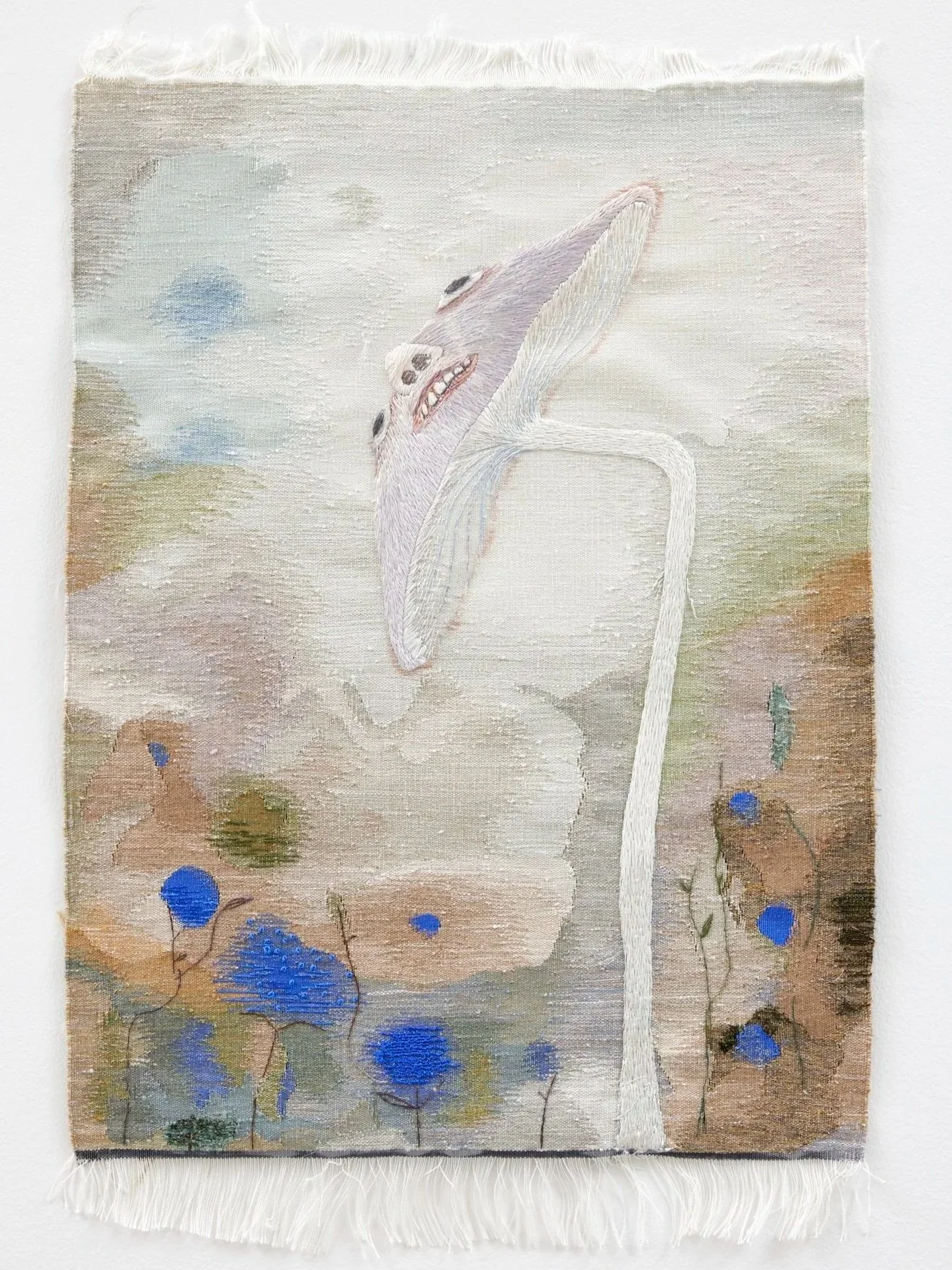 Sanya Kantarovsky × Taka Ishii Gallery — A watercolor transformed into tapestry · Woven by nail, thread by thread · Embroidered by Japan's last remaining atelier for this technique · Dyed with moss, lapis lazuli, and shell · Art Basel · 2023
