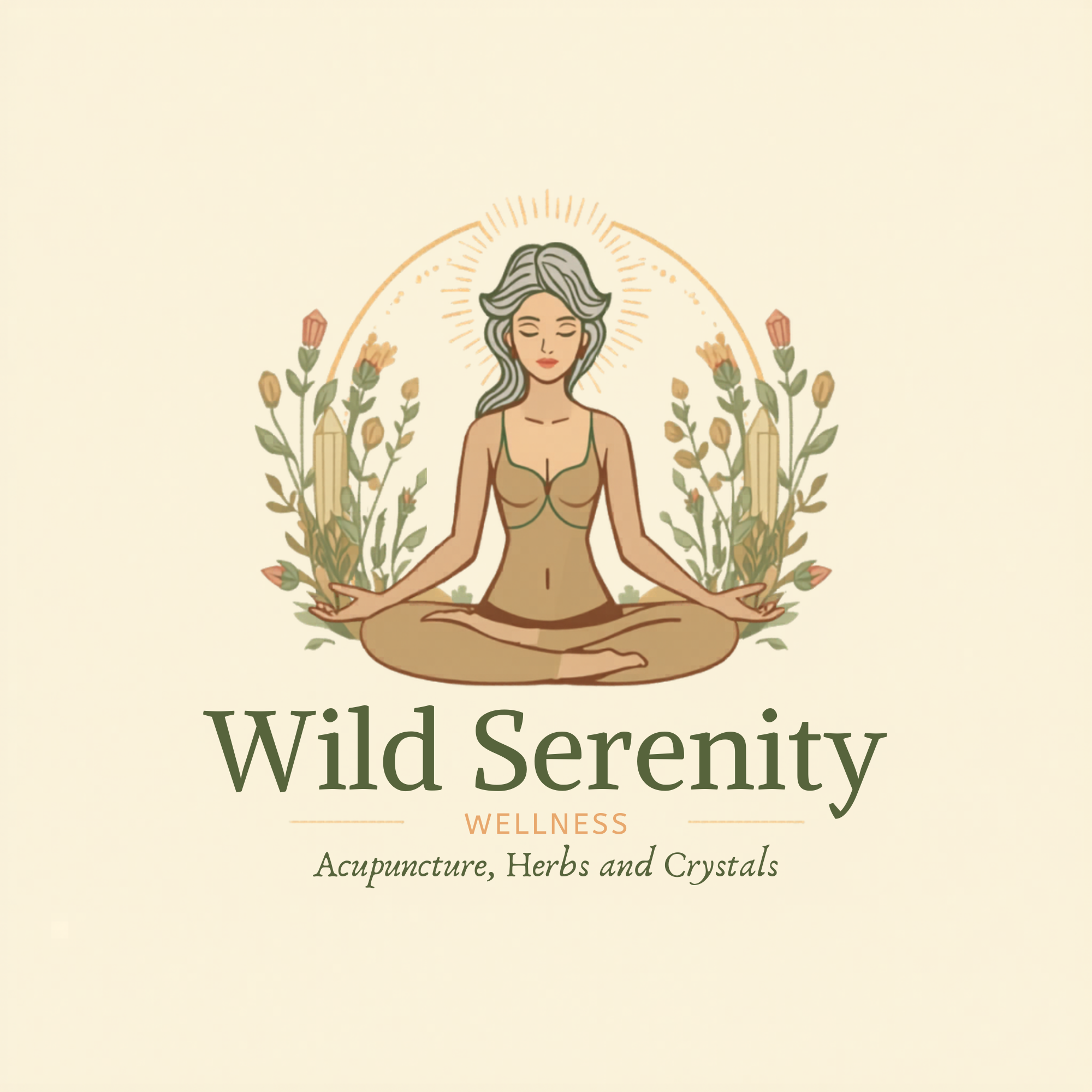Illustration of a woman in a meditative pose with closed eyes, surrounded by flowers and a halo, representing wellness and serenity. Text reads 'Wild Serenity Wellness' with a subtitle about acupuncture, herbs, and crystals.