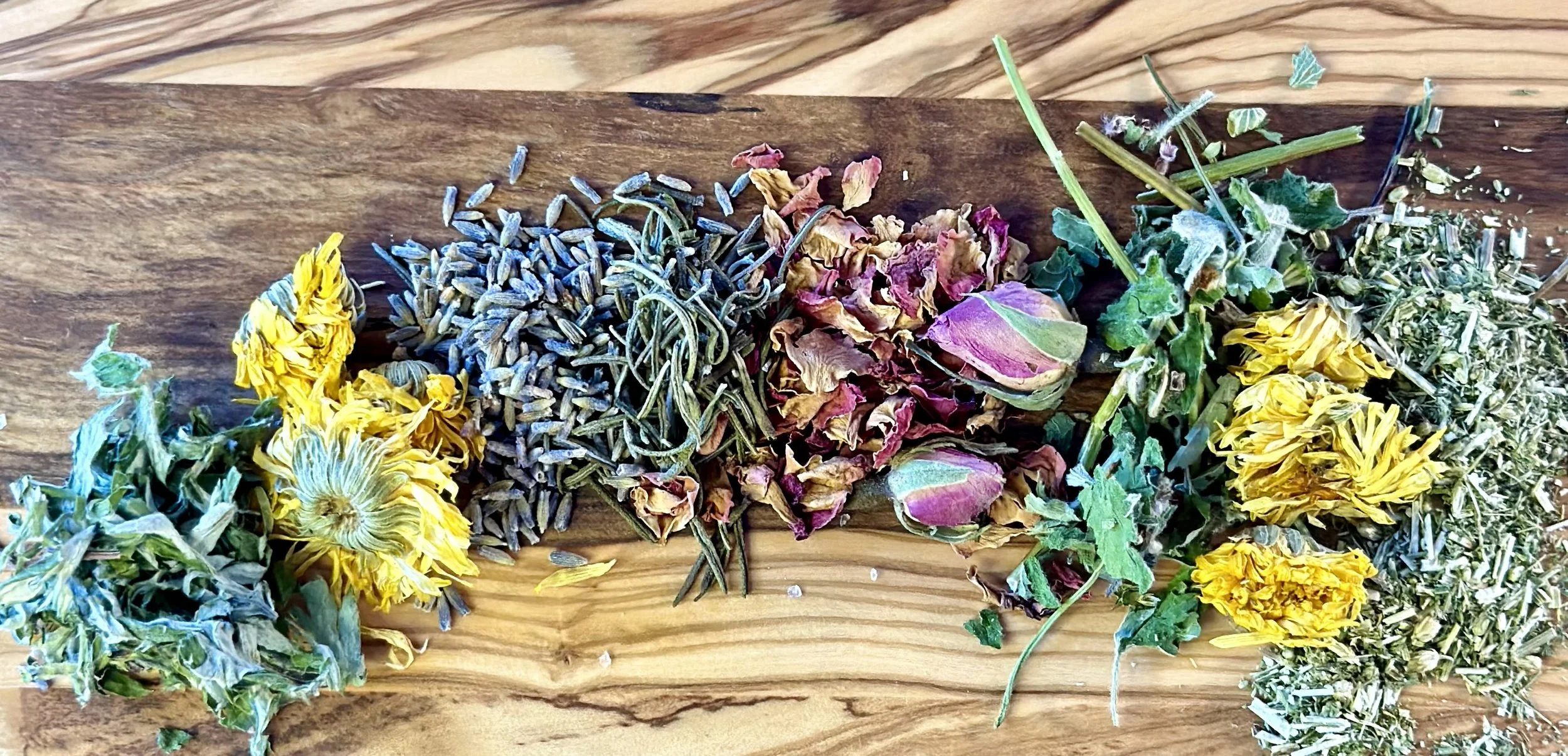 A variety of dried herbs and flowers laid out on a wooden surface.