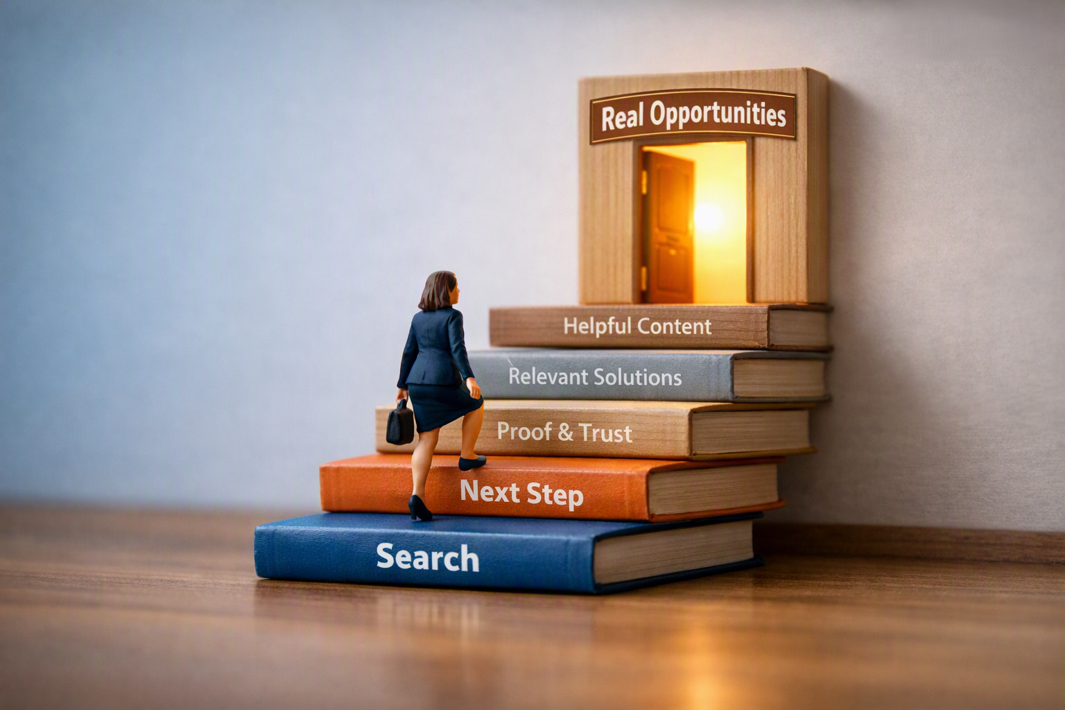 Illustration of the B2B SEO buyer journey from search to conversion