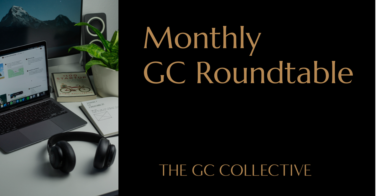 A workspace with a laptop, headphones, a plant, a book, and a notebook, with a black background and gold text that reads 'Monthly GC Roundtable' and 'The GC Collective.'