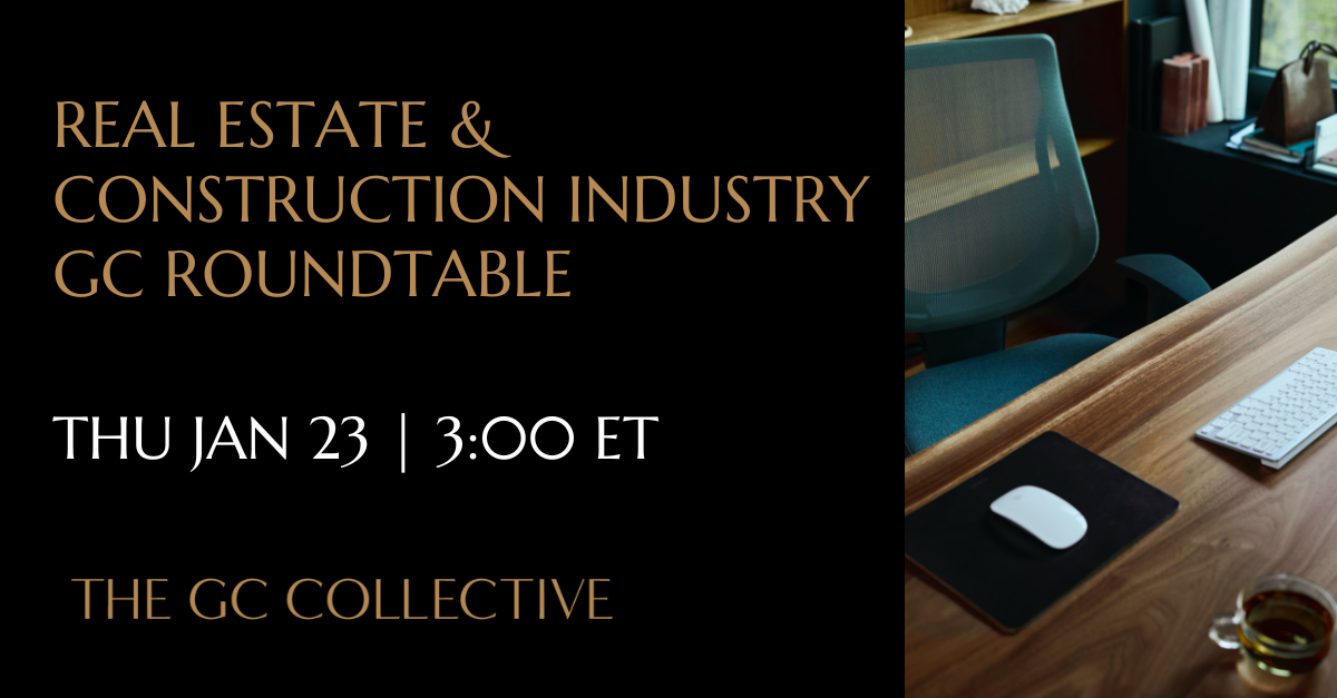 An invitation to a Real Estate & Construction Industry GC Roundtable event, scheduled for Thursday, January 23 at 3:00 PM ET, hosted by The GC Collective. The background features a professional office scene with a wooden desk, ergonomic chair, computer mouse, keyboard, a cup of coffee, and shelves with books and a handbag.