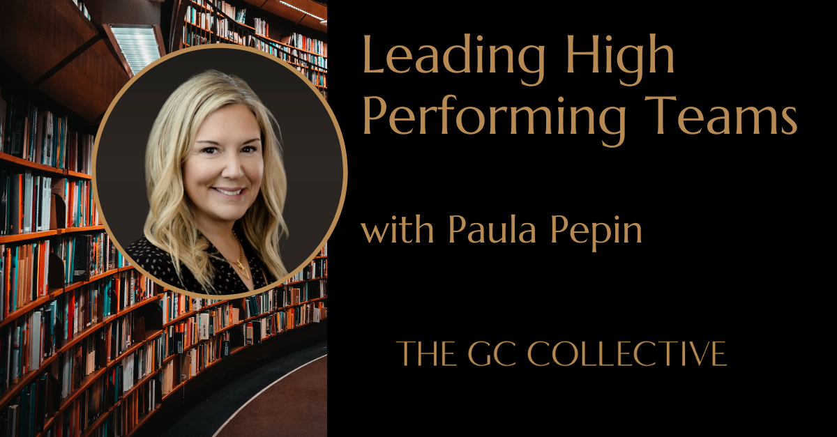 Promotional graphic for a podcast or event featuring Paula Pepin, with a background of a curved wooden bookshelf filled with books, and a circular portrait of a blonde woman smiling.