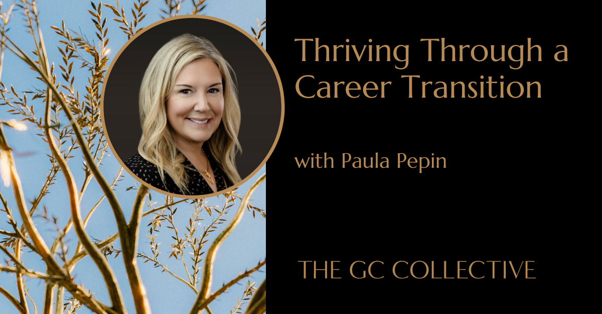 A promotional graphic for a career transition event featuring Paula Pepin, with a photo of her inside a circular frame, set against a background of leafless tree branches and a clear blue sky, with black and gold text.
