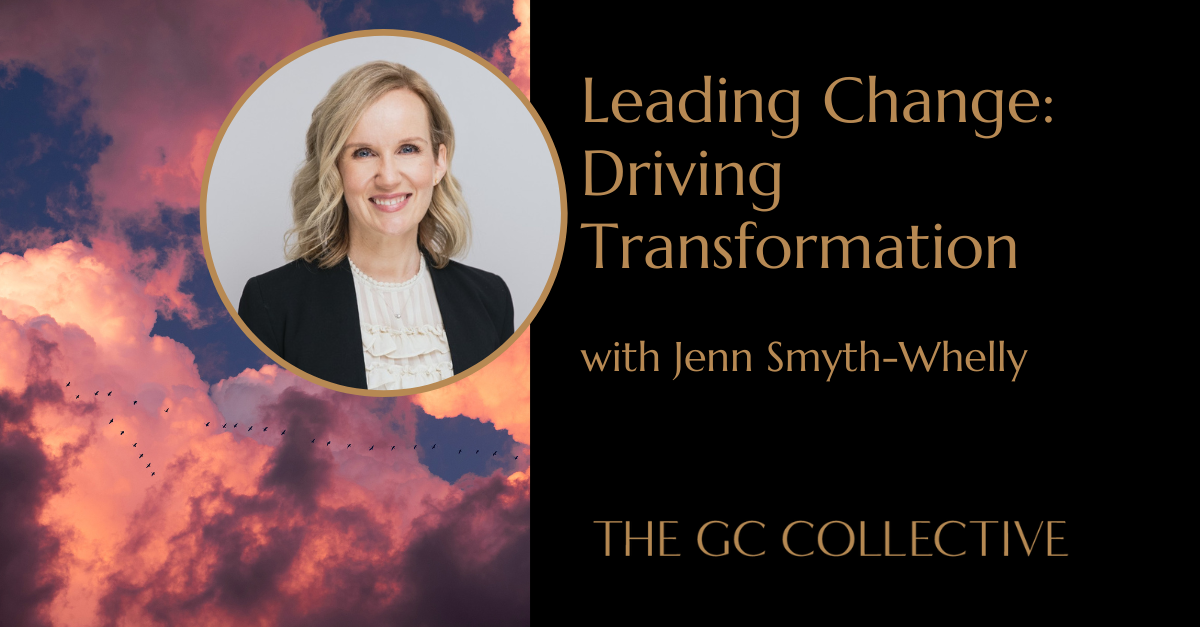 Promotional graphic for a program called 'Leading Change: Driving Transformation' featuring Jenn Smyth-Whelly. The design includes a cloudy sky background with pink and purple hues, a circular portrait of Jenn Smyth-Whelly in the upper left, and the text on the right side in gold and beige fonts.