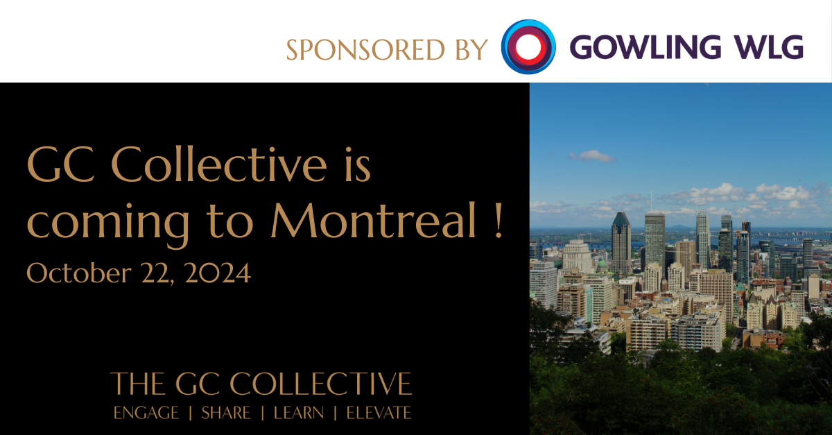 Announcement poster for GC Collective's event in Montreal on October 22, 2024, sponsored by Gowling WLG, features a cityscape of Montreal skyline with a black and gold text overlay.