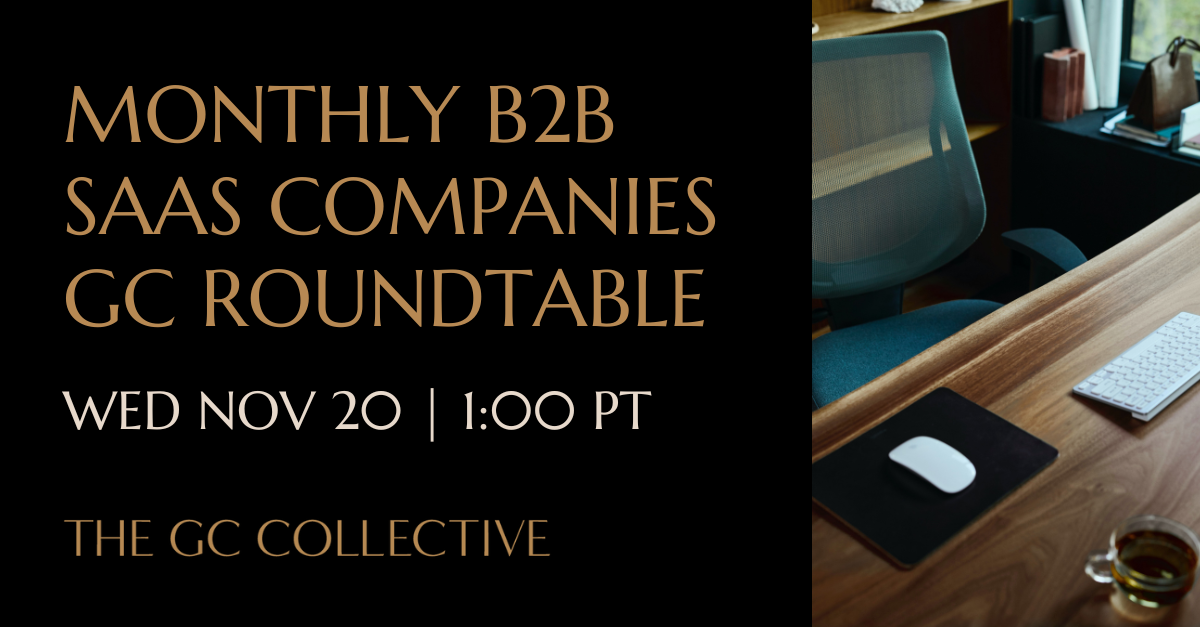 A promotional poster for a monthly B2B SaaS companies GC roundtable event, scheduled for Wednesday, November 20th at 1:00 PM PT, hosted by The GC Collective, with a background image of a modern office desk with a computer mouse, keyboard, and a coffee mug.