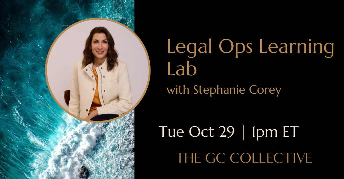 Promotional graphic for Legal Ops Learning Lab with Stephanie Corey, showing her portrait and event details, against a background of ocean waves.