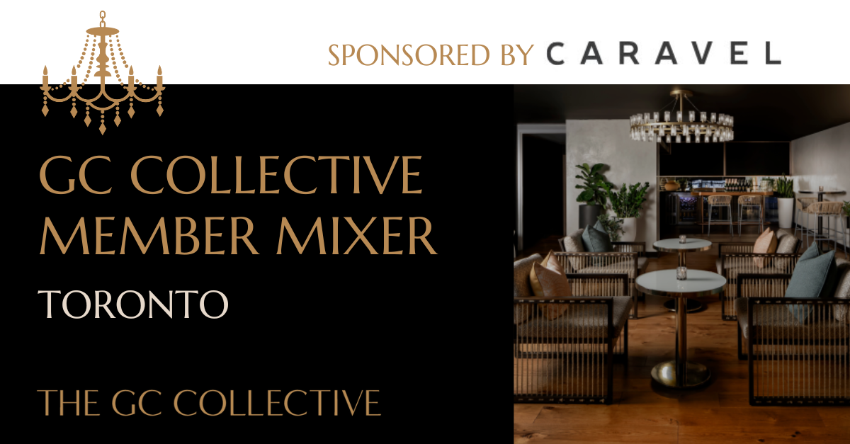 Invitation graphic for the GC Collective Member Mixer in Toronto, with a chandelier illustration and a photo of a modern lounge with tables, chairs, and a chandelier.