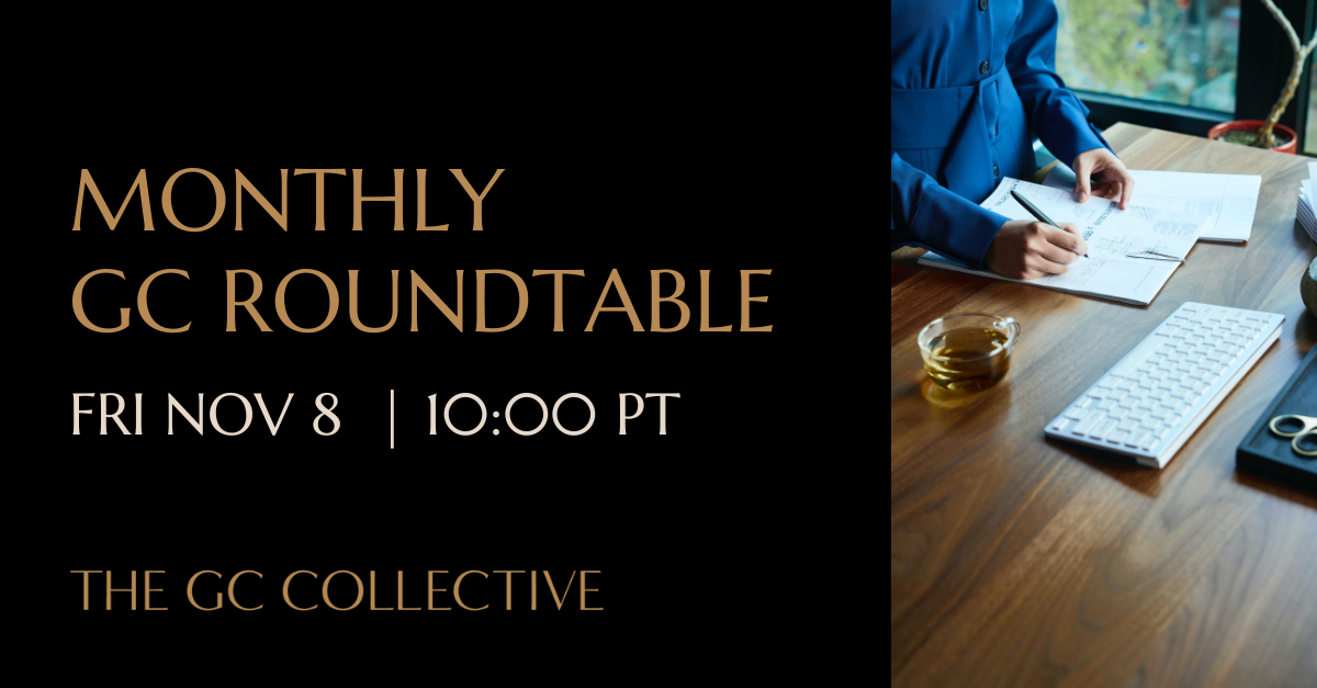 A digital graphic promoting a monthly GC roundtable event on November 8th at 10:00 AM PT, hosted by The GC Collective. The left side features event details in text, and the right side shows a person in a blue shirt writing in a notebook at a wooden desk with a keyboard, a cup of tea, a pair of scissors, and some paper.