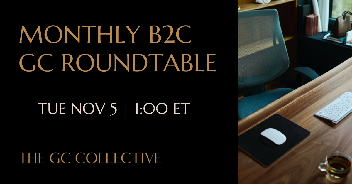 Announcement for a monthly business-to-consumer (B2C) government contracting (GC) roundtable scheduled for Tuesday, November 5th at 1:00 PM Eastern Time, hosted by The GC Collective.