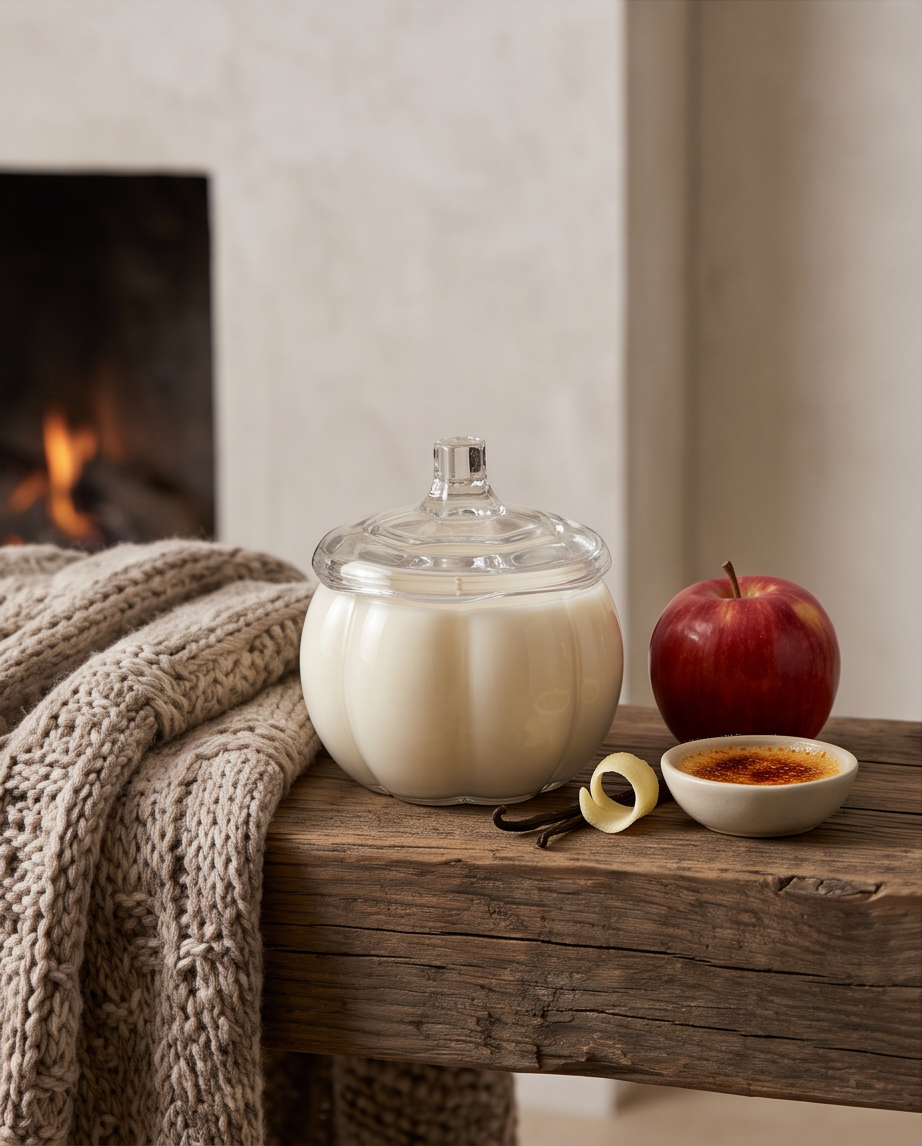 Glass Candle Pumpkin in front of a cozy autumn firplace