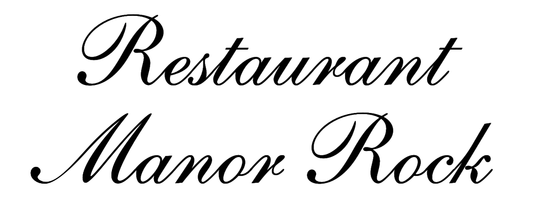 Sign with the words "Restaurant Manor Rock" written in black cursive font on a white background.