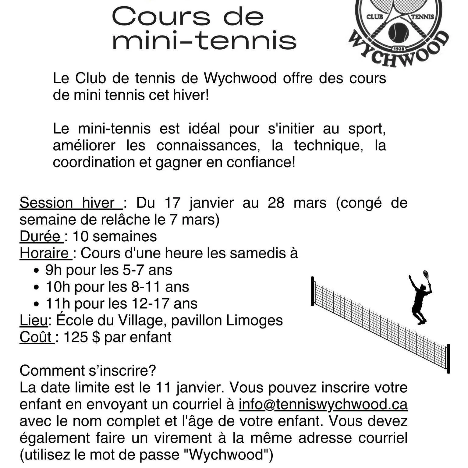 Inscrivez votre enfant, d&egrave;s maintenant, &agrave; des cours de mini-tennis! 🎾

N'h&eacute;sitez pas &agrave; nous contacter pour avoir davantage d'informations au info@tenniswychwood.ca