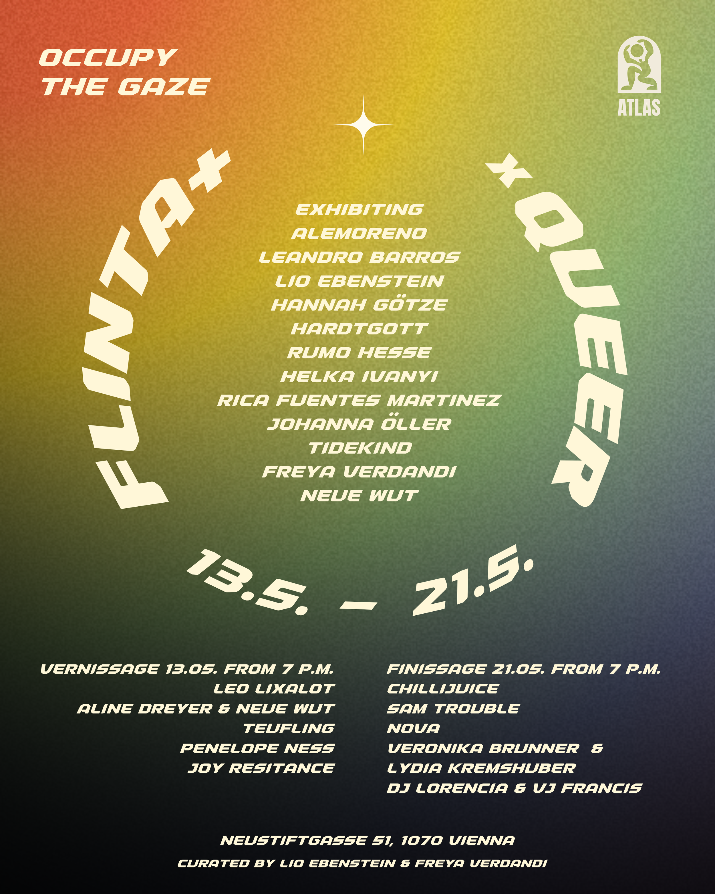 Ein farbenfrohes Poster für eine Kunstausstellung mit den Titeln "Occupy The Gaze" und "Lust". Es enthält eine Liste der Künstler, Datum, Uhrzeit, Ort und Kurator der Ausstellung in deutscher Sprache.