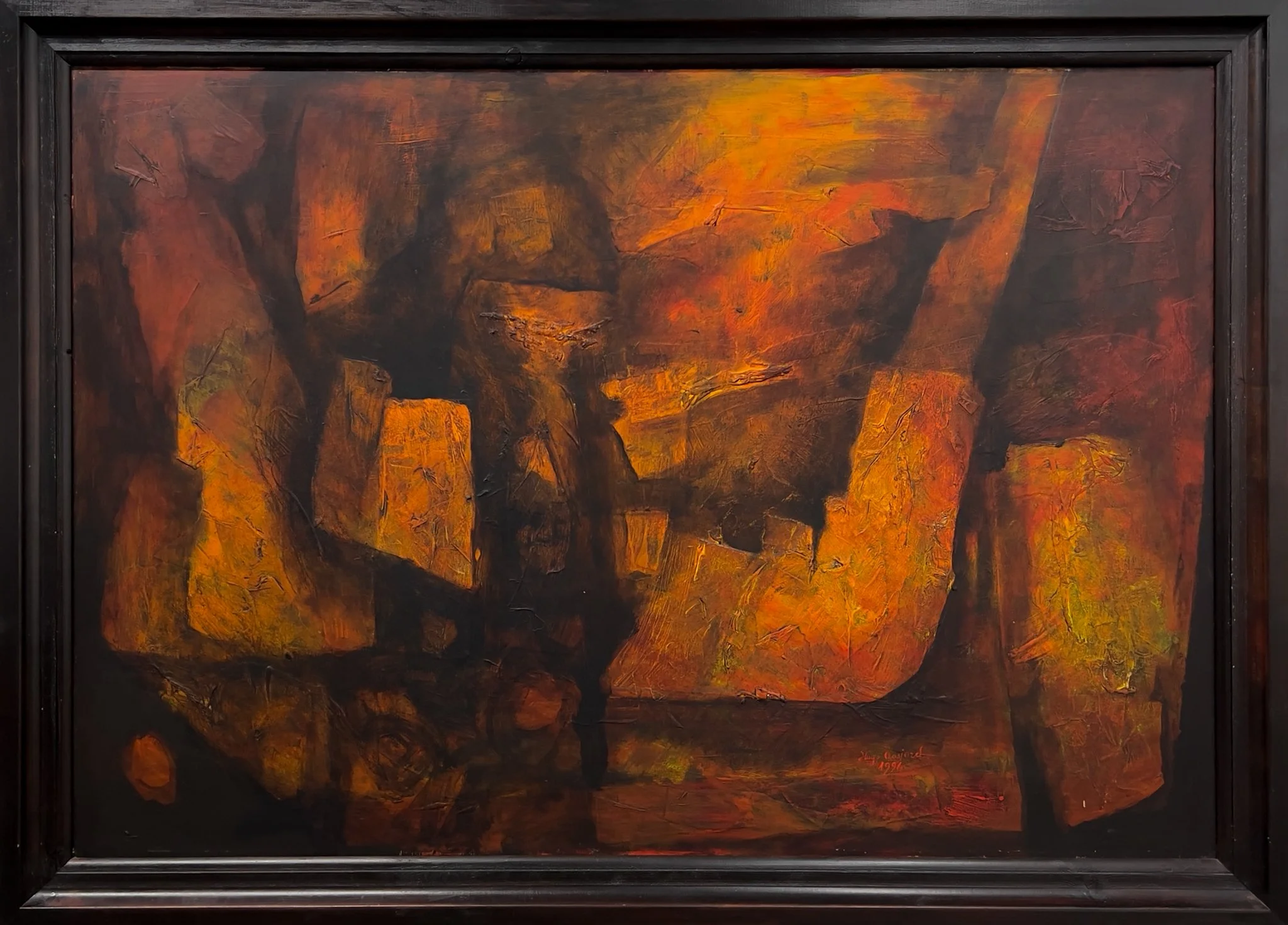 Uten tittel av Hugo Aasjord (1955 – ), 1996, akryl og gasbind på plate, H 97 x B 134 cm, startpris kr. 35.000