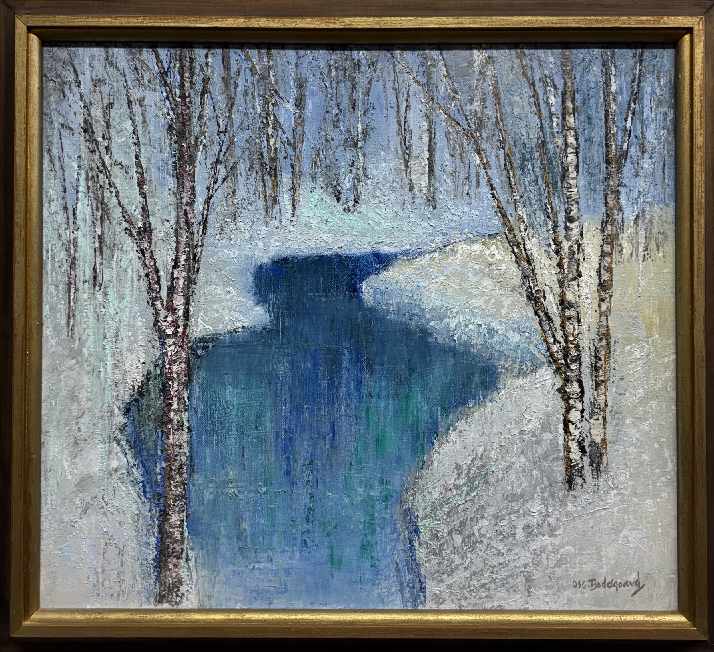 Bodøelv av Oscar Bodøgaard (1923-2011), H 56 x B 61 cm, 1986, olje på lerret, startpris kr. 50.000