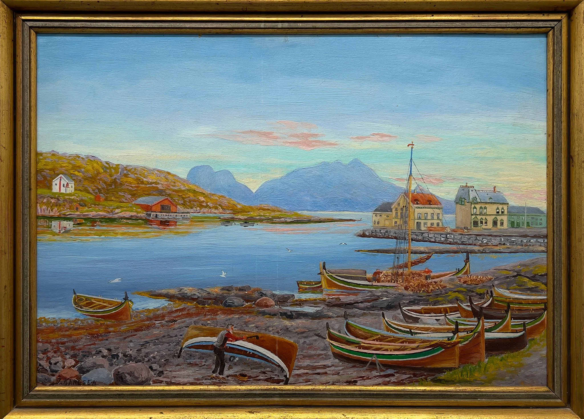 Kystmotiv fra Bodø av J. Karlsen, ikke datert, olje på plate, H 46,5 x 64 cm, startpris kr. 500