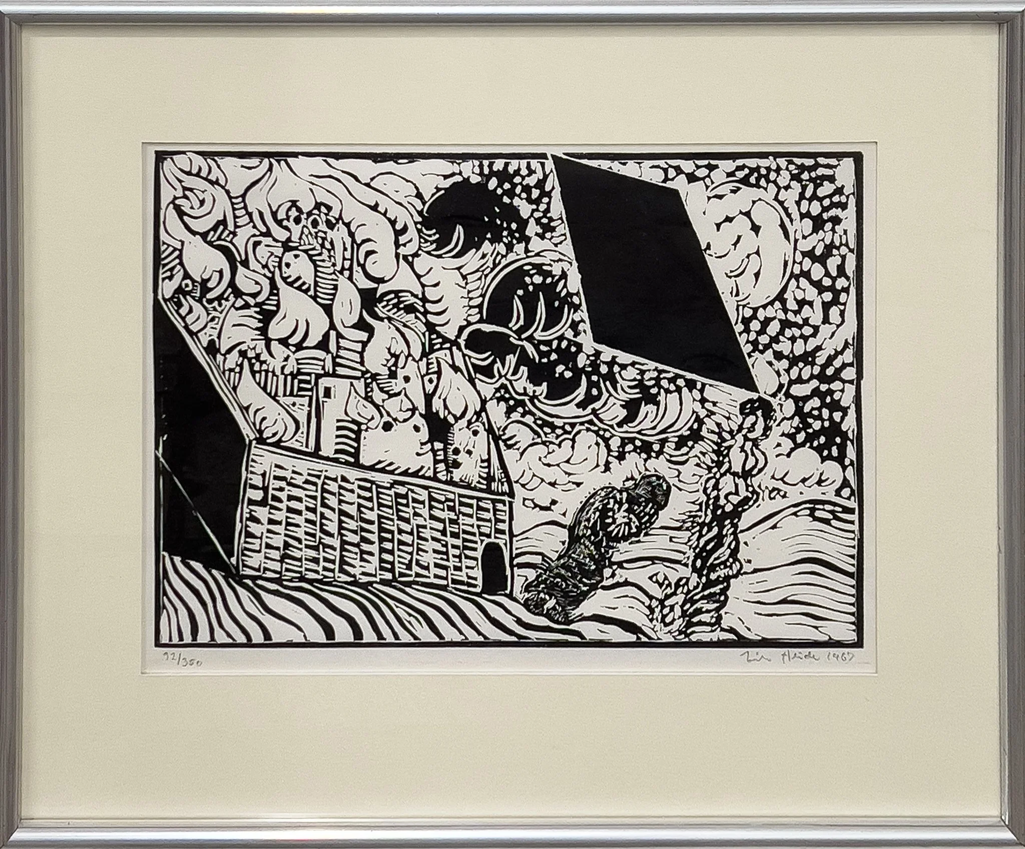 Uten tittel av Erik Heide (1934-2024), 1967, tresnitt 92/350, H 47,5 x B 57,5 cm, startpris kr. 2000