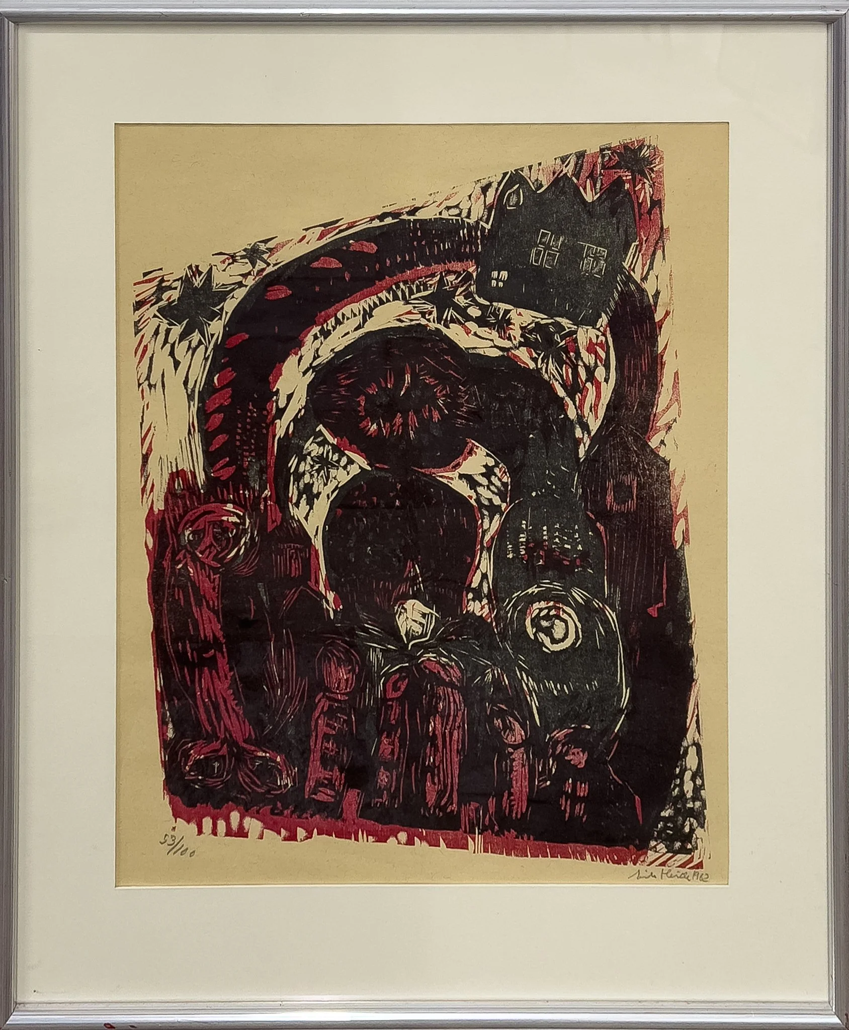 Uten tittel av Erik Heide (1934-2024), 1962, tresnitt 53/100, H 69,5 x B 58,5 cm, startpris kr. 3000