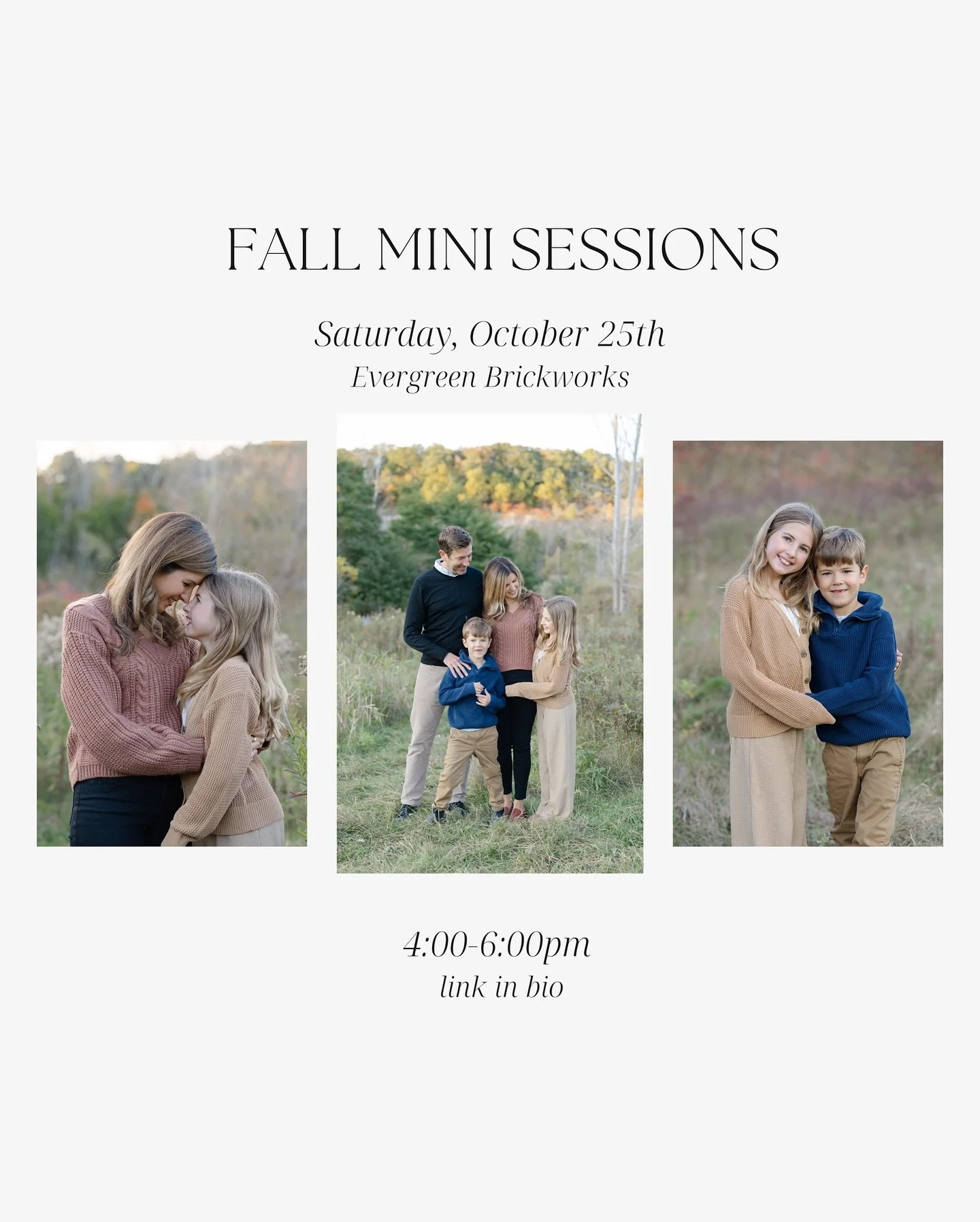 FALL Minis are here! Capture warm Fall moments with your people in one of the prettiest Toronto spots of the season.  Perfect for updating family photos or holiday cards. 

Saturday, October 25th
4-6pm 
Evergreen Brickworks
15 minute sessions 
6 edit