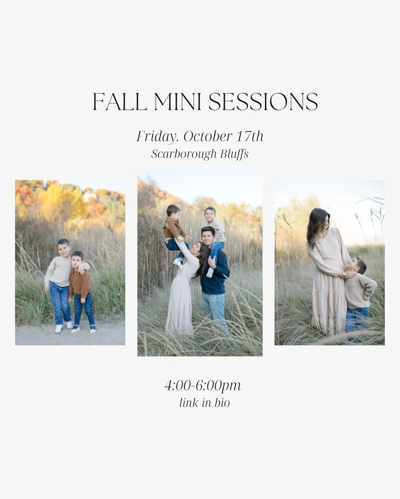 MORE FALL MINIS! I've just added a second date to capture warm Fall moments with your people in one of the prettiest Toronto spots of the season.  Perfect for updating family photos or holiday cards. 

Friday, October 17th
4-6pm 
Scarborough Bluffs
1
