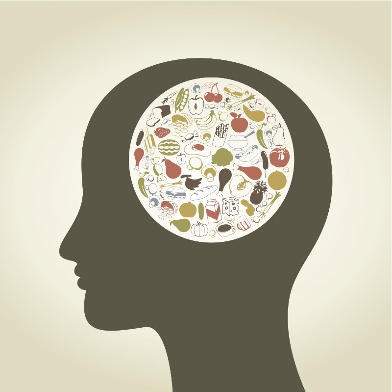 a cutout of a head with a circle filled with foods where the brain would be