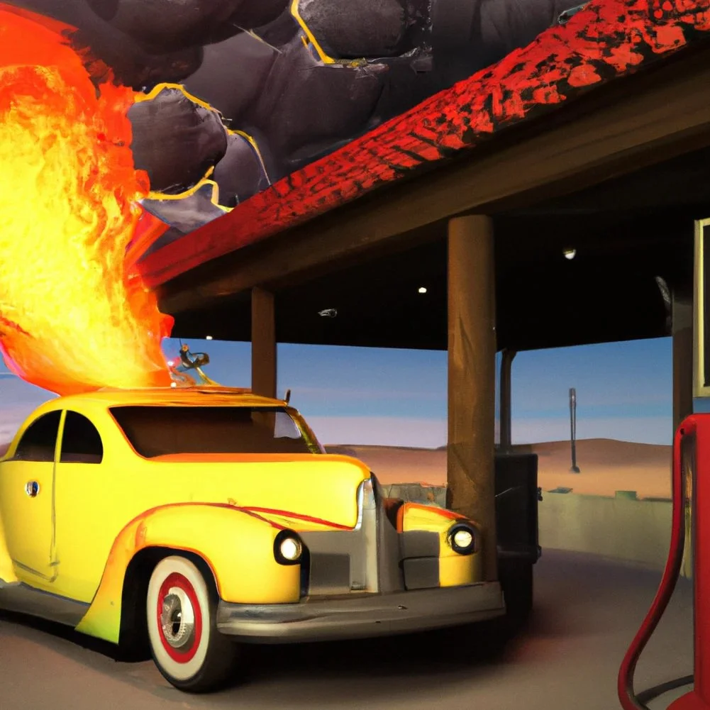 Lemon-shaped car on fire at gas station