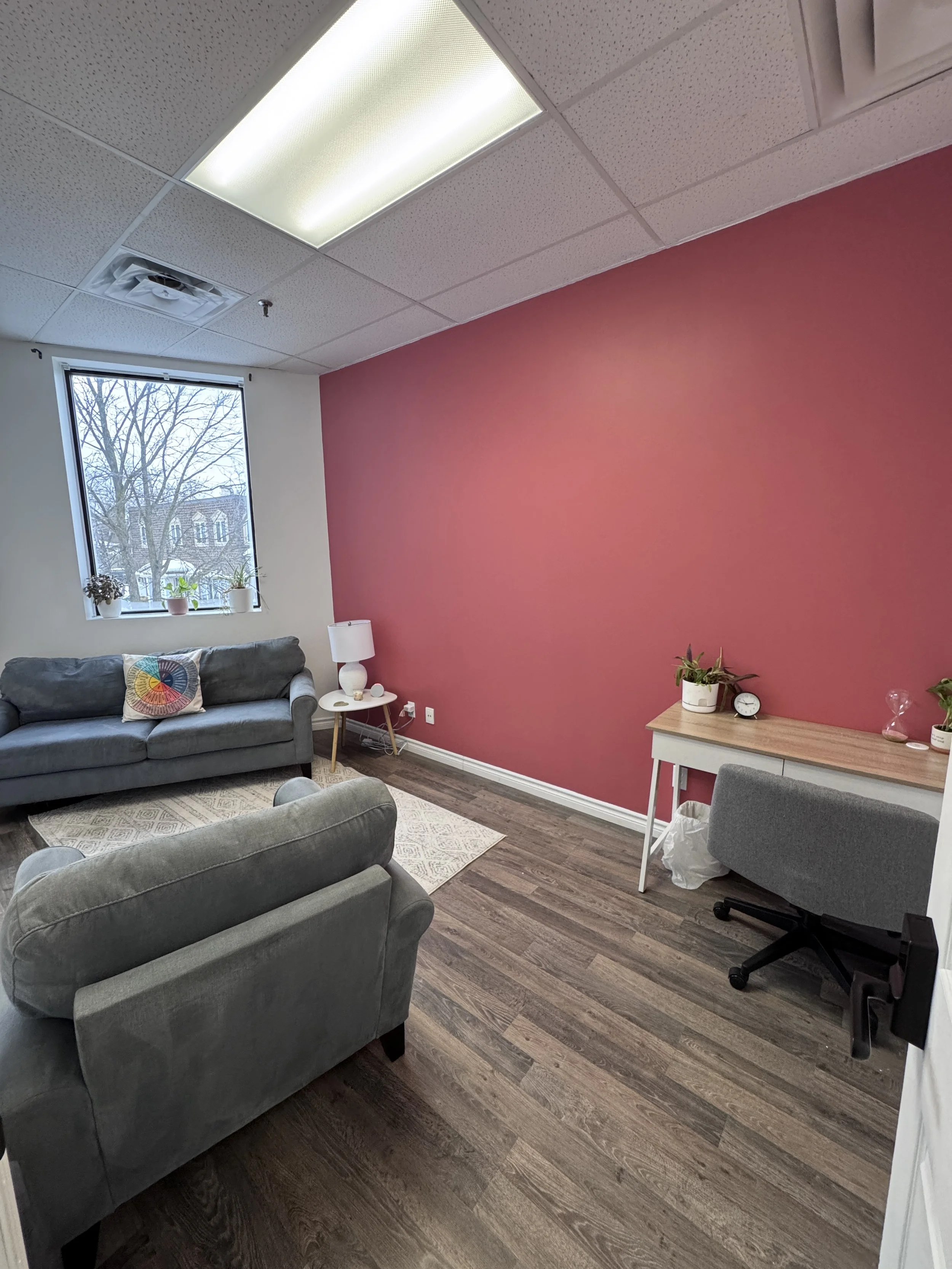 A cozy office space with a large pink accent wall, grey couches in the seating area, a window with a view of trees and building outside, a small white side table with a lamp, potted plants, a white desk with a potted plant, clock, and decorative items, and a grey office chair on a dark wooden floor.