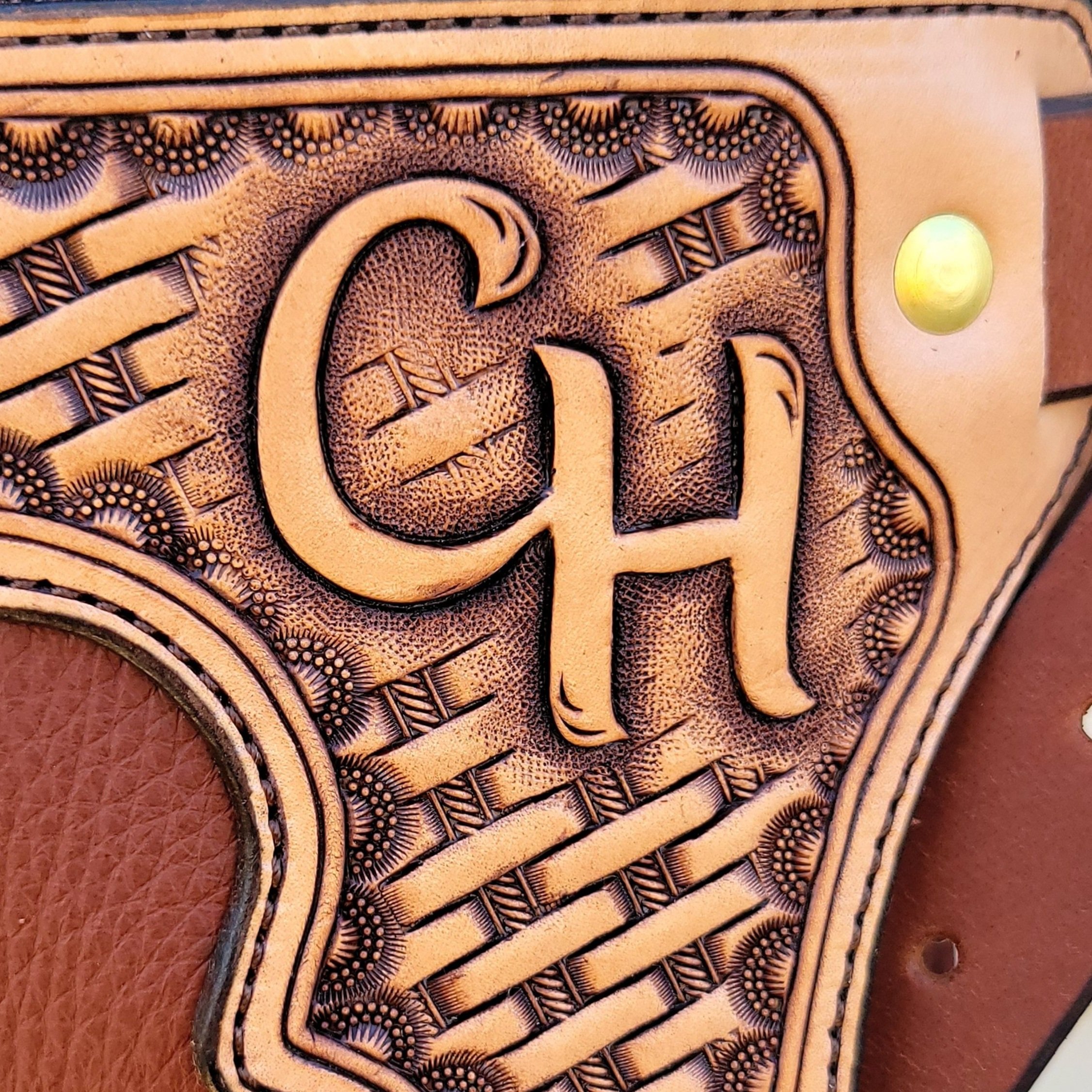 Initials with basket stamping on semi custom chinks.