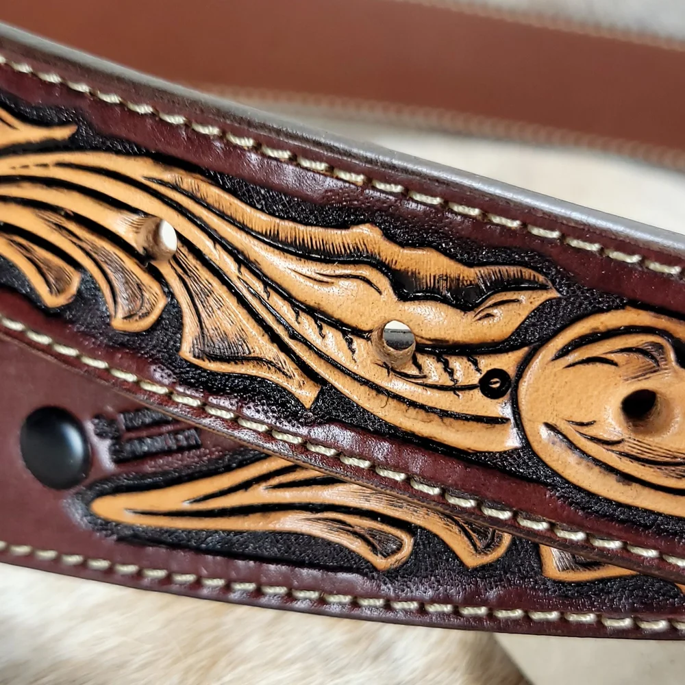 Hand Tooled Floral Leather Belt in Mahogany — 33 Ranch  display picture 1