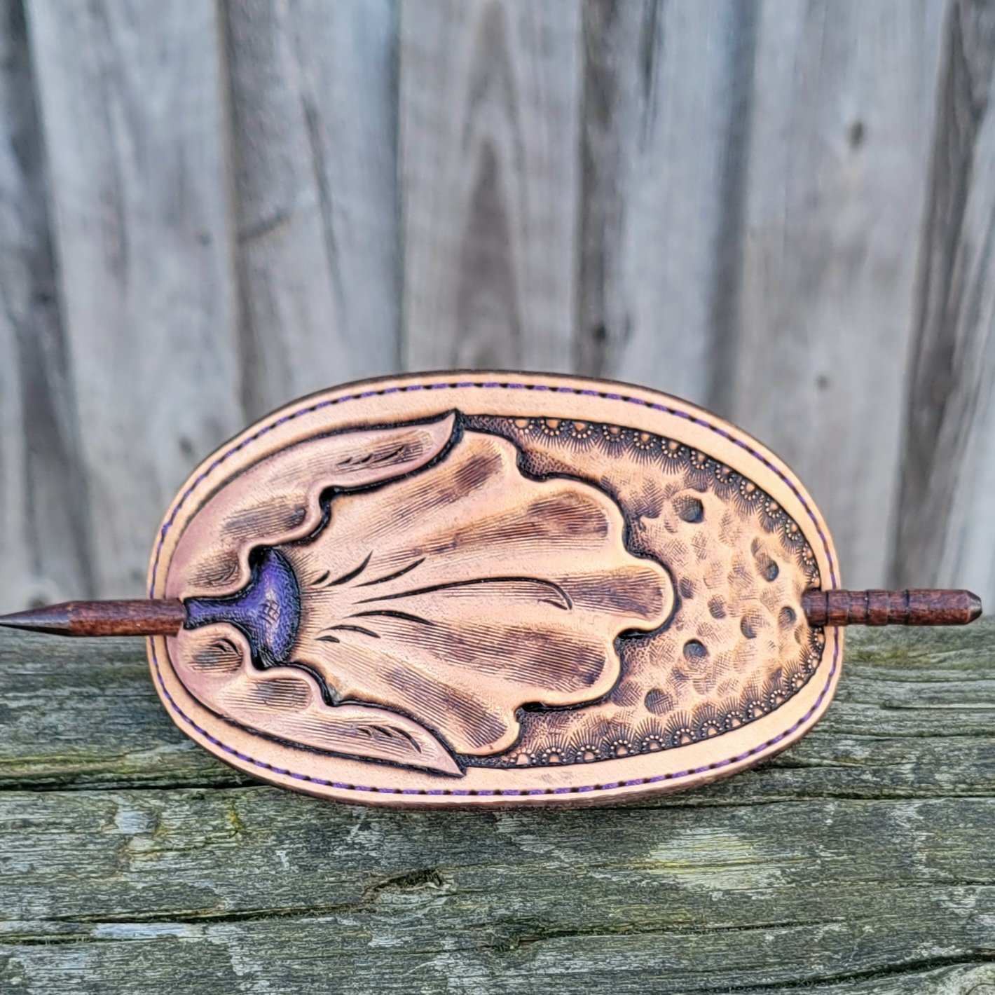Hand tooled leather hair stick barrette
