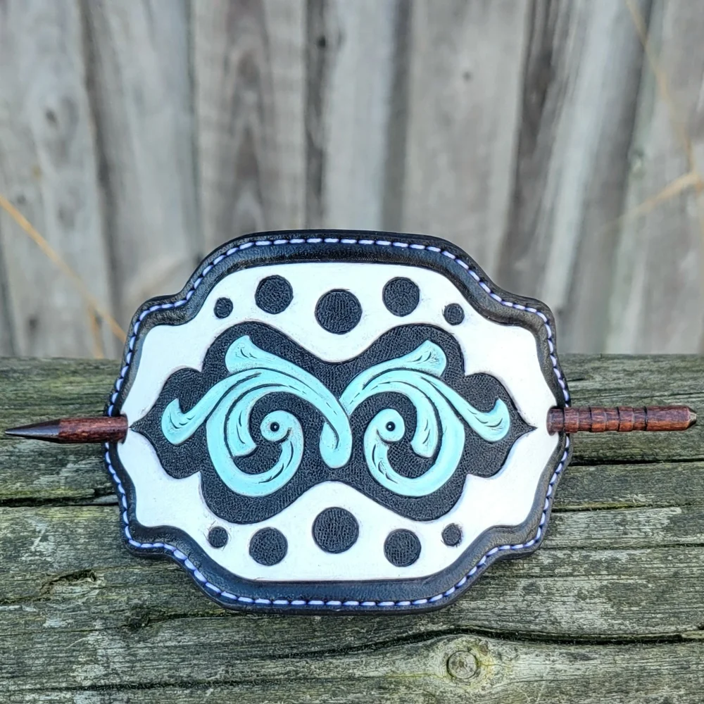 Leather stick barrette in a retro western design — 33 Ranch 