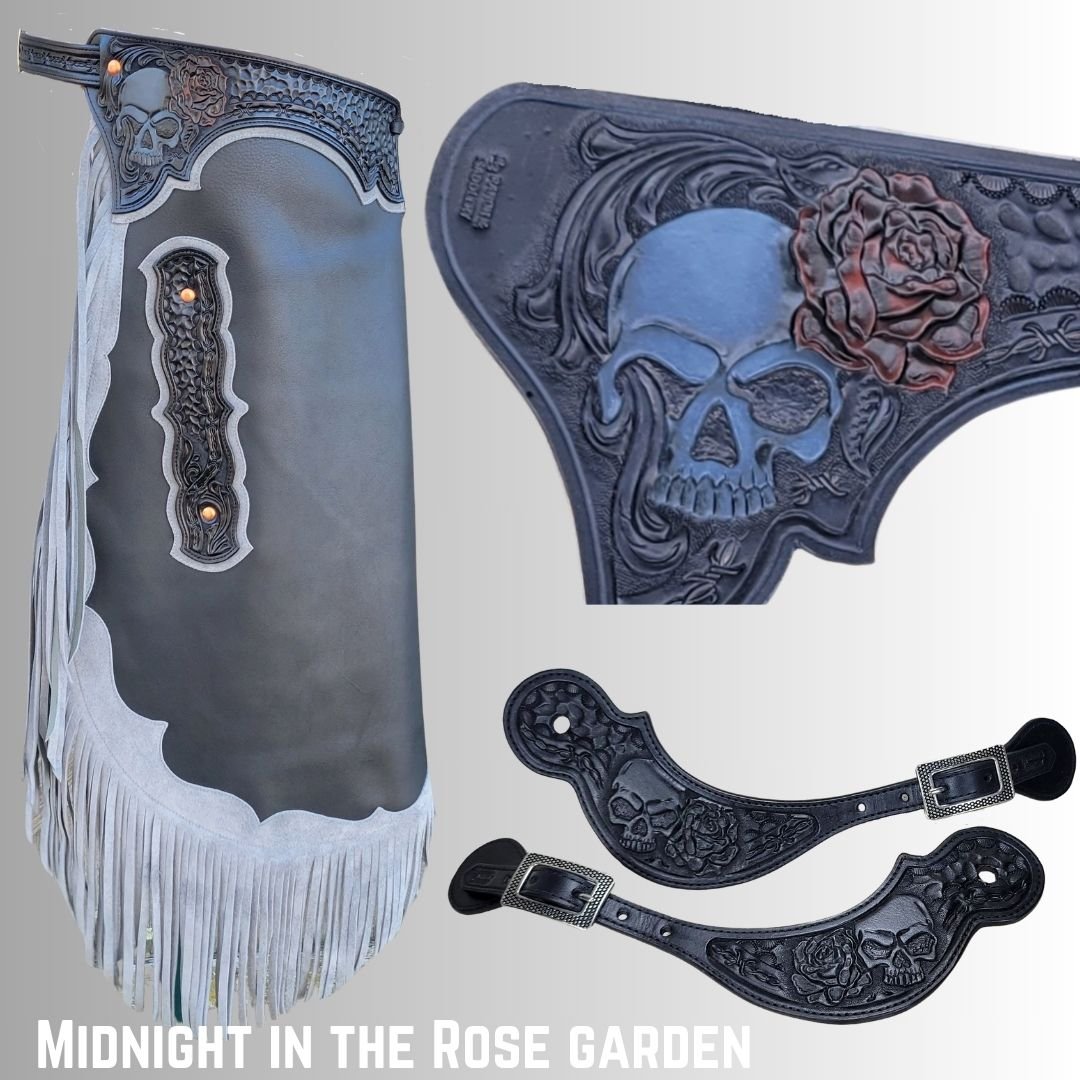 Custom chinks with skull and rose design. We also made a pair of custom spur straps to match these chinks.