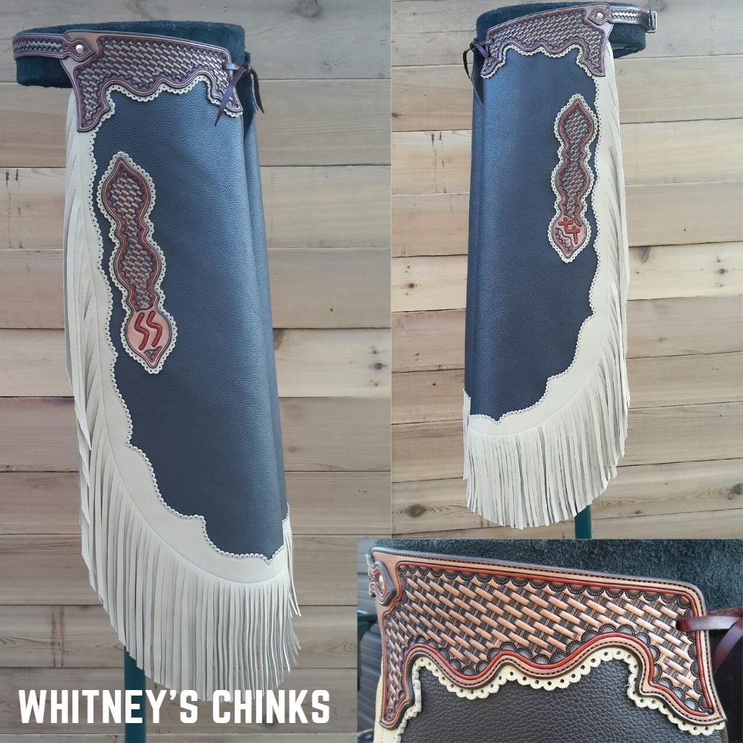 Custom chinks for Whitney included overlay fringe, dual brands, and a red painted pinstripe around the basket stamp tooling.