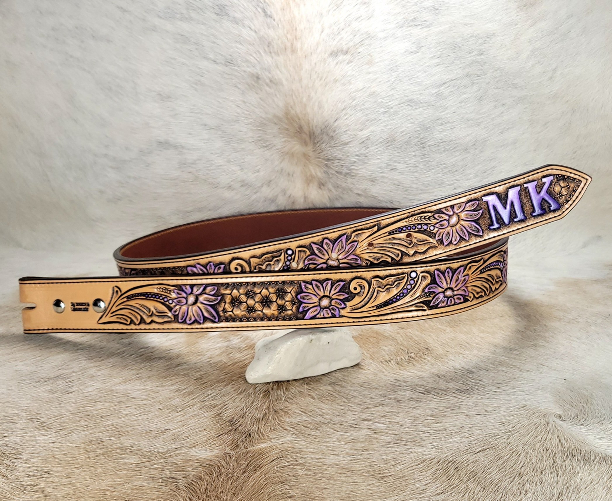 Hand tooled leather belt with amethyst accents